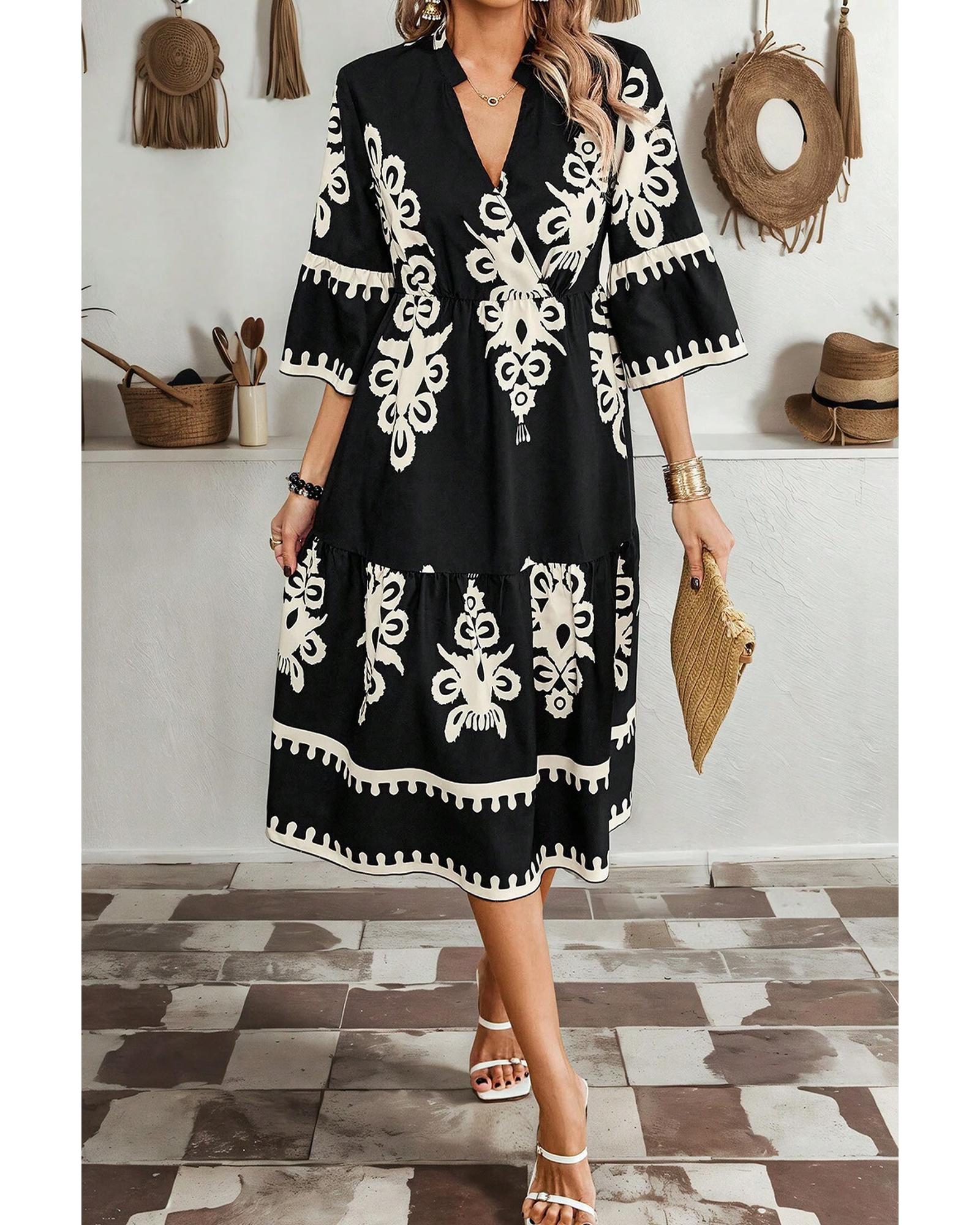 Black Western Geometric Print 3/4 Sleeve Loose Midi Dress - M 5