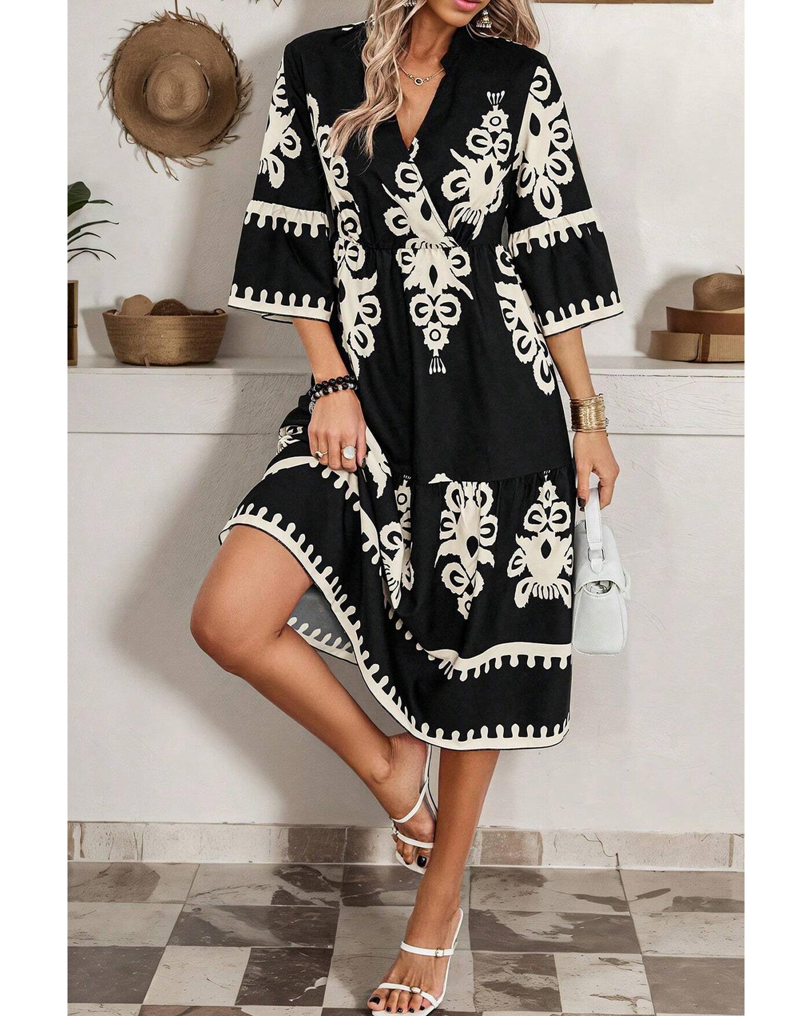 Black Western Geometric Print 3/4 Sleeve Loose Midi Dress - M 7