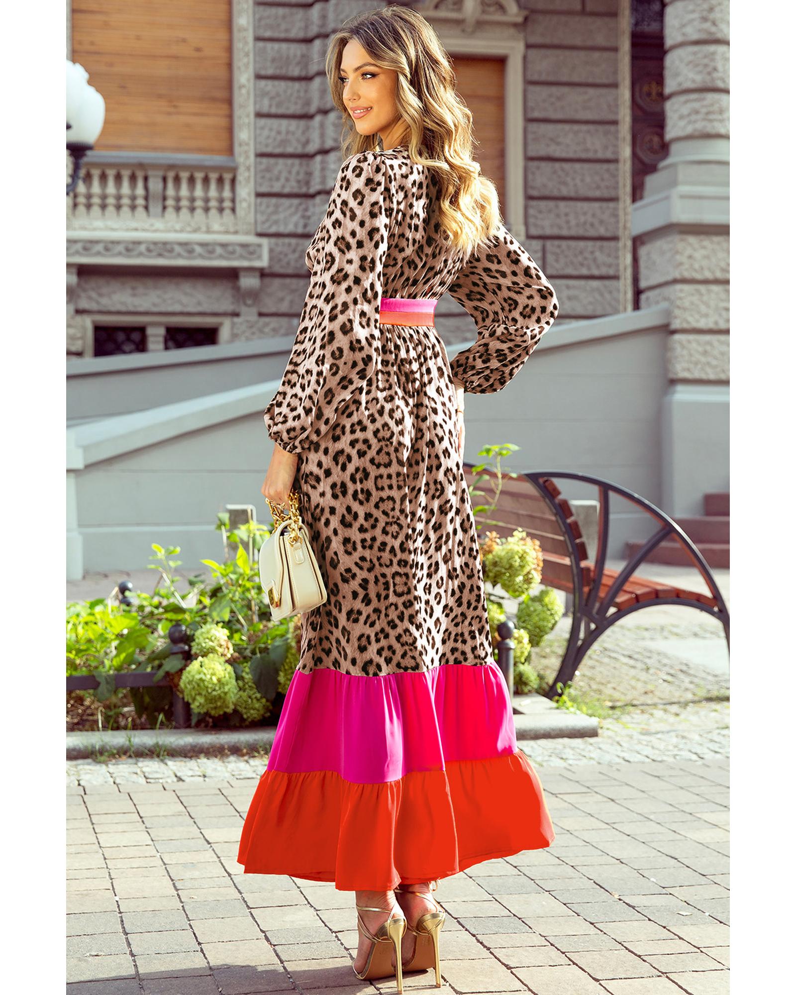 Brown Leopard Color Block V Neck Loose Fit Maxi Dress - L 3