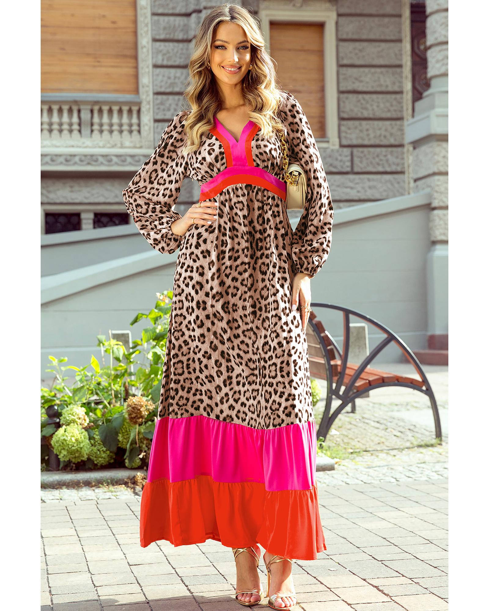 Brown Leopard Color Block V Neck Loose Fit Maxi Dress - L 4