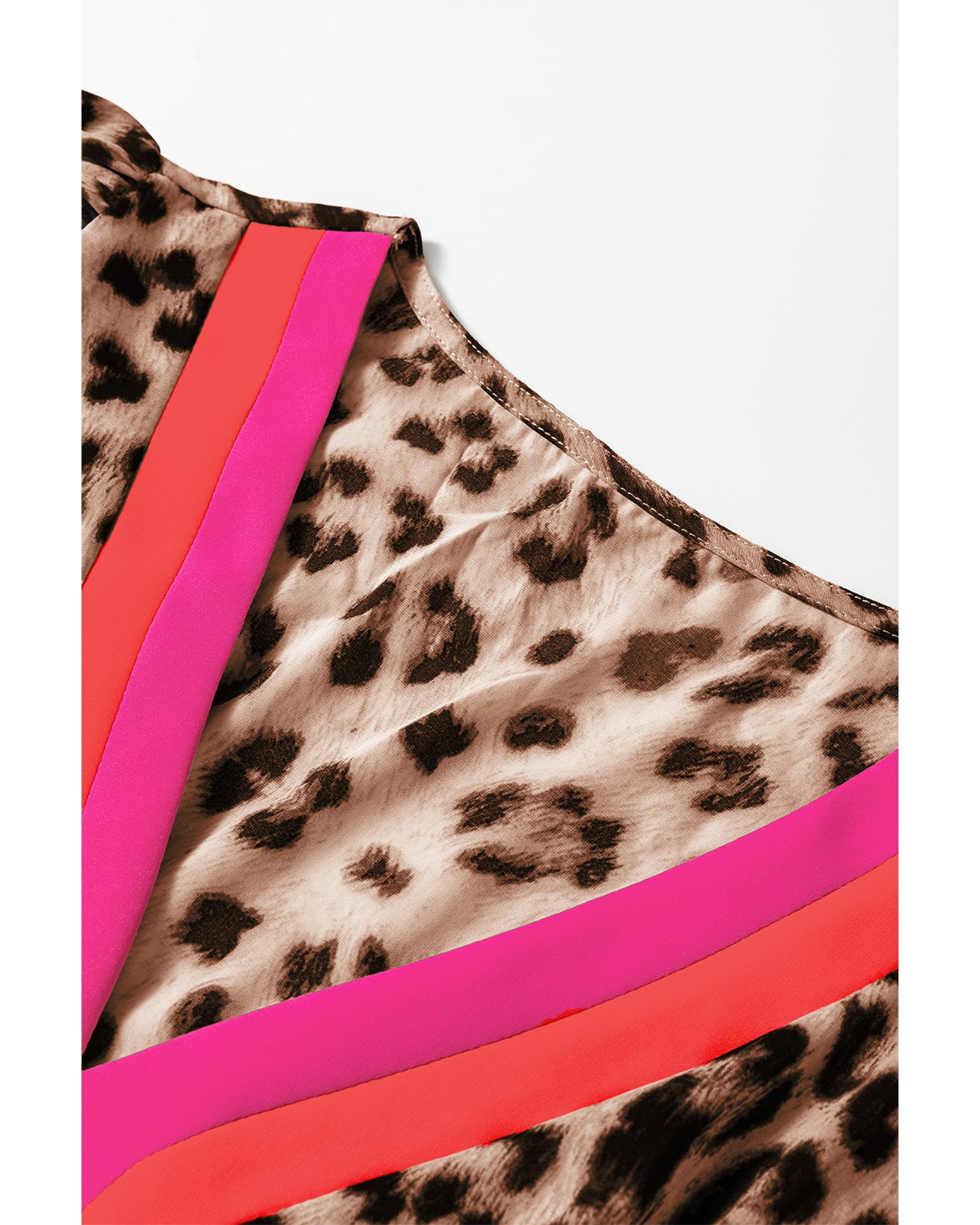 Brown Leopard Color Block V Neck Loose Fit Maxi Dress - L 6
