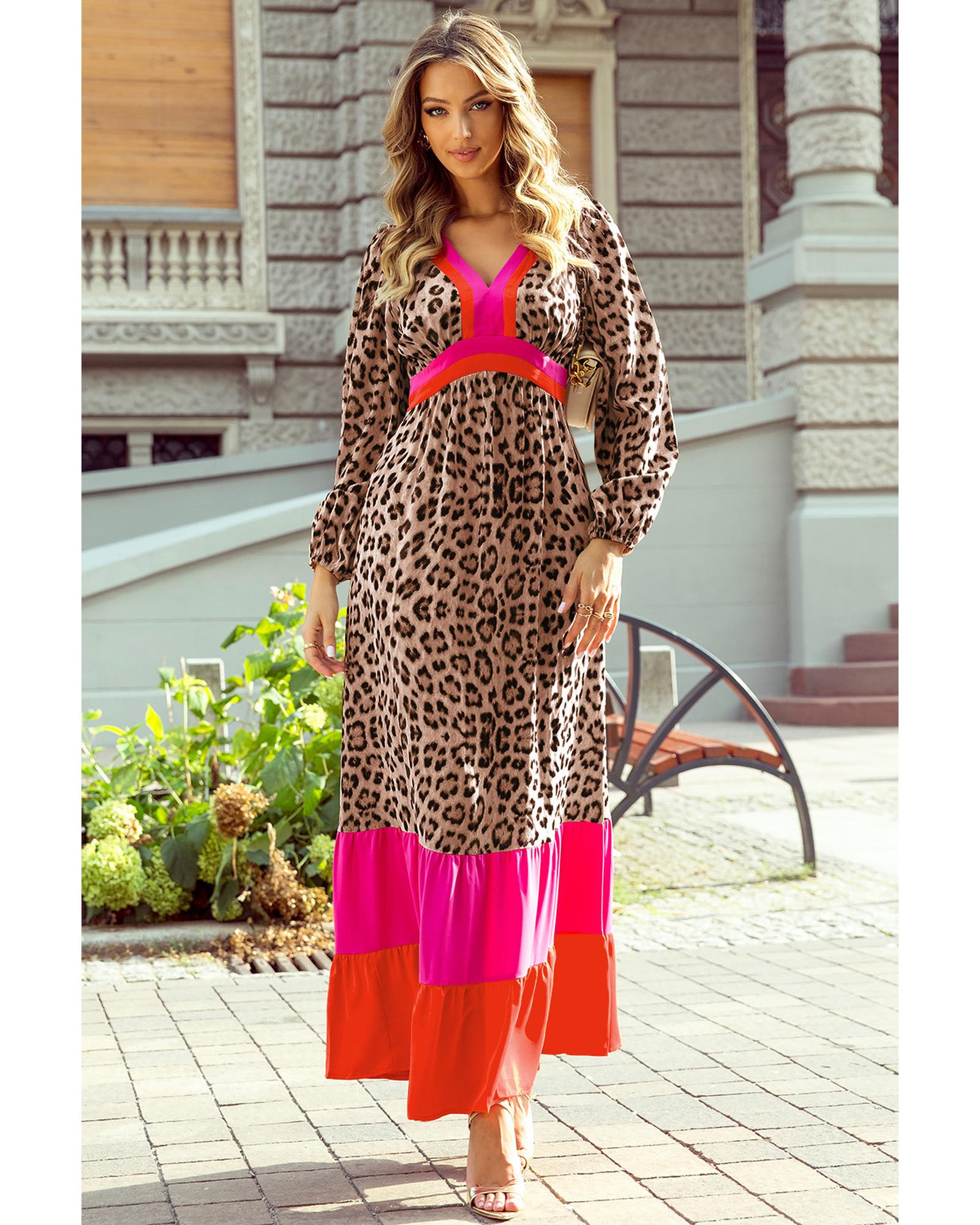 Brown Leopard Color Block V Neck Loose Fit Maxi Dress - M