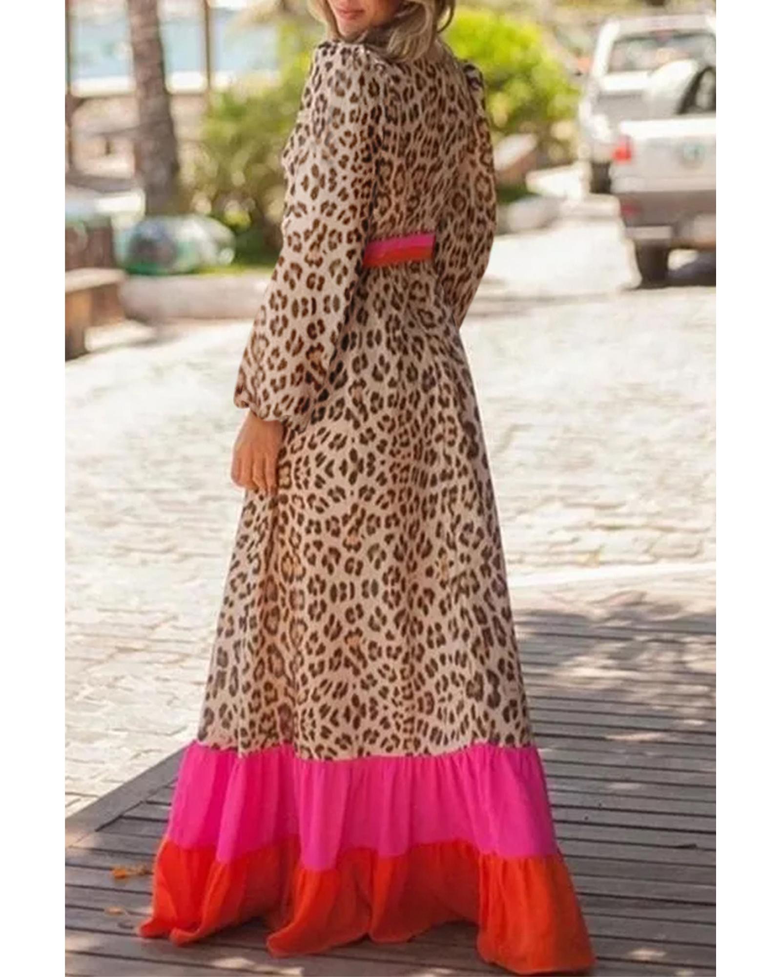 Brown Leopard Color Block V Neck Loose Fit Maxi Dress - M 7