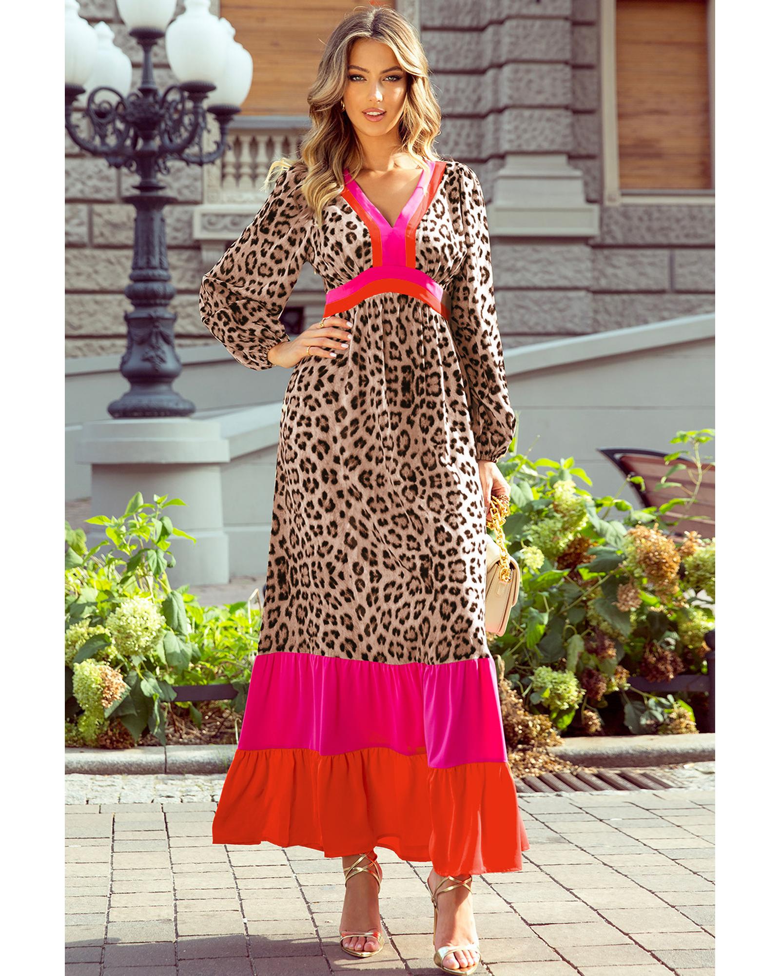 Brown Leopard Color Block V Neck Loose Fit Maxi Dress - S