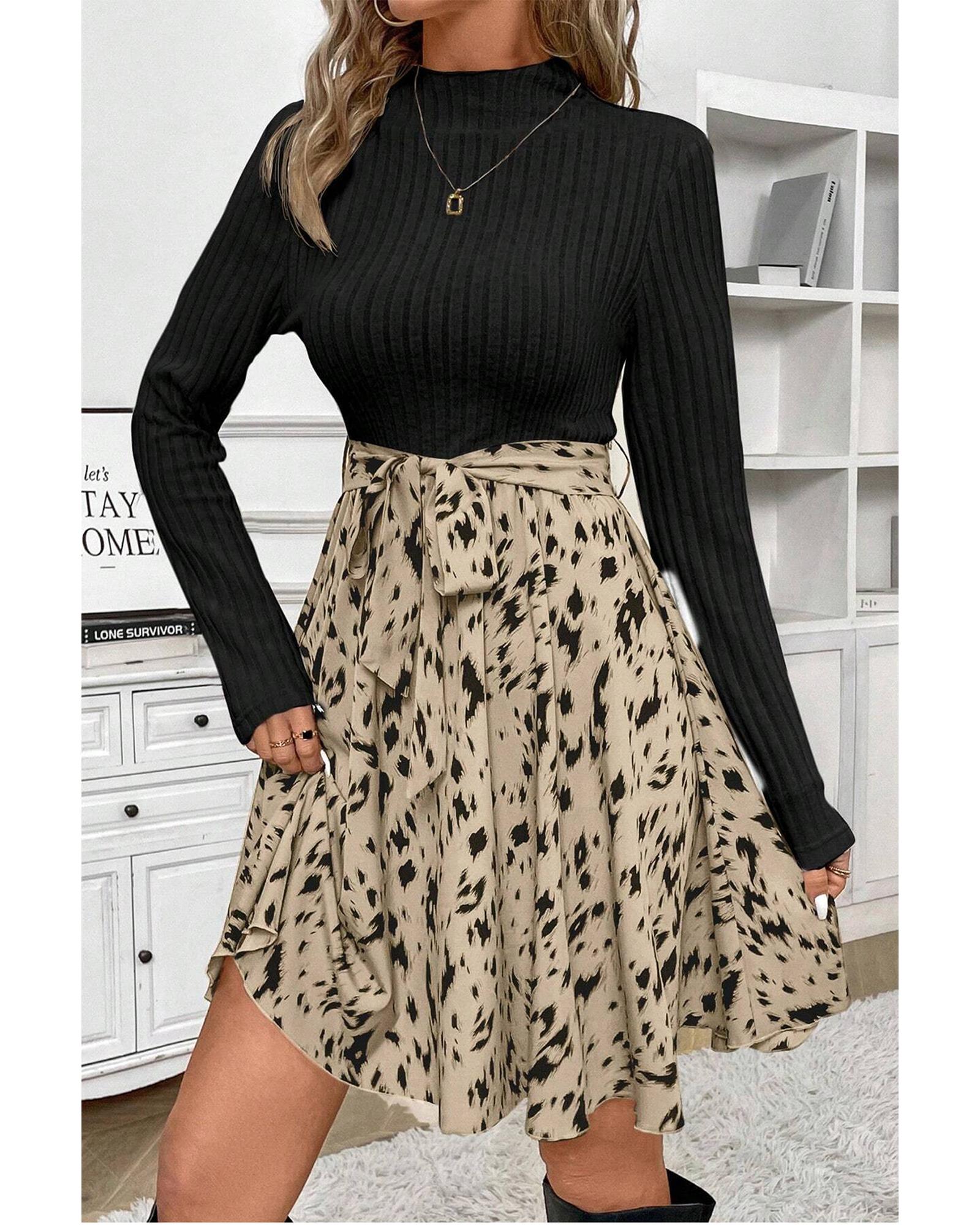 Black Ribbed Knit Patchwork Printed Belted A-line Dress - L 3