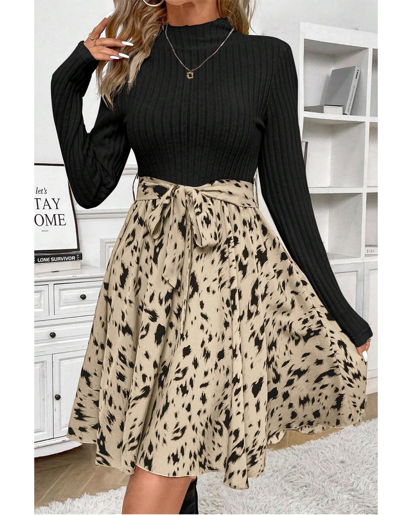 Black Ribbed Knit Patchwork Printed Belted A-line Dress - L 6