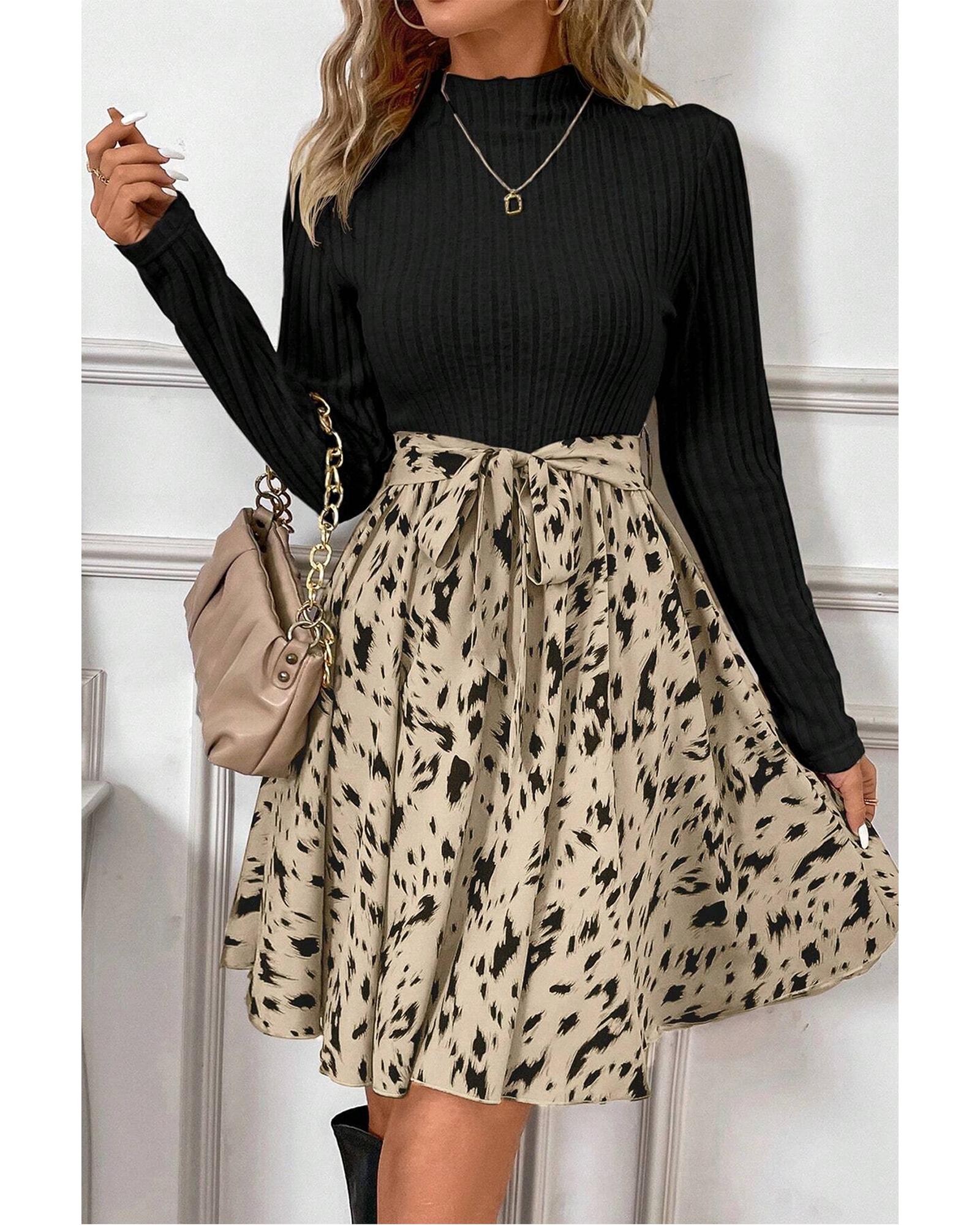 Black Ribbed Knit Patchwork Printed Belted A-line Dress - M
