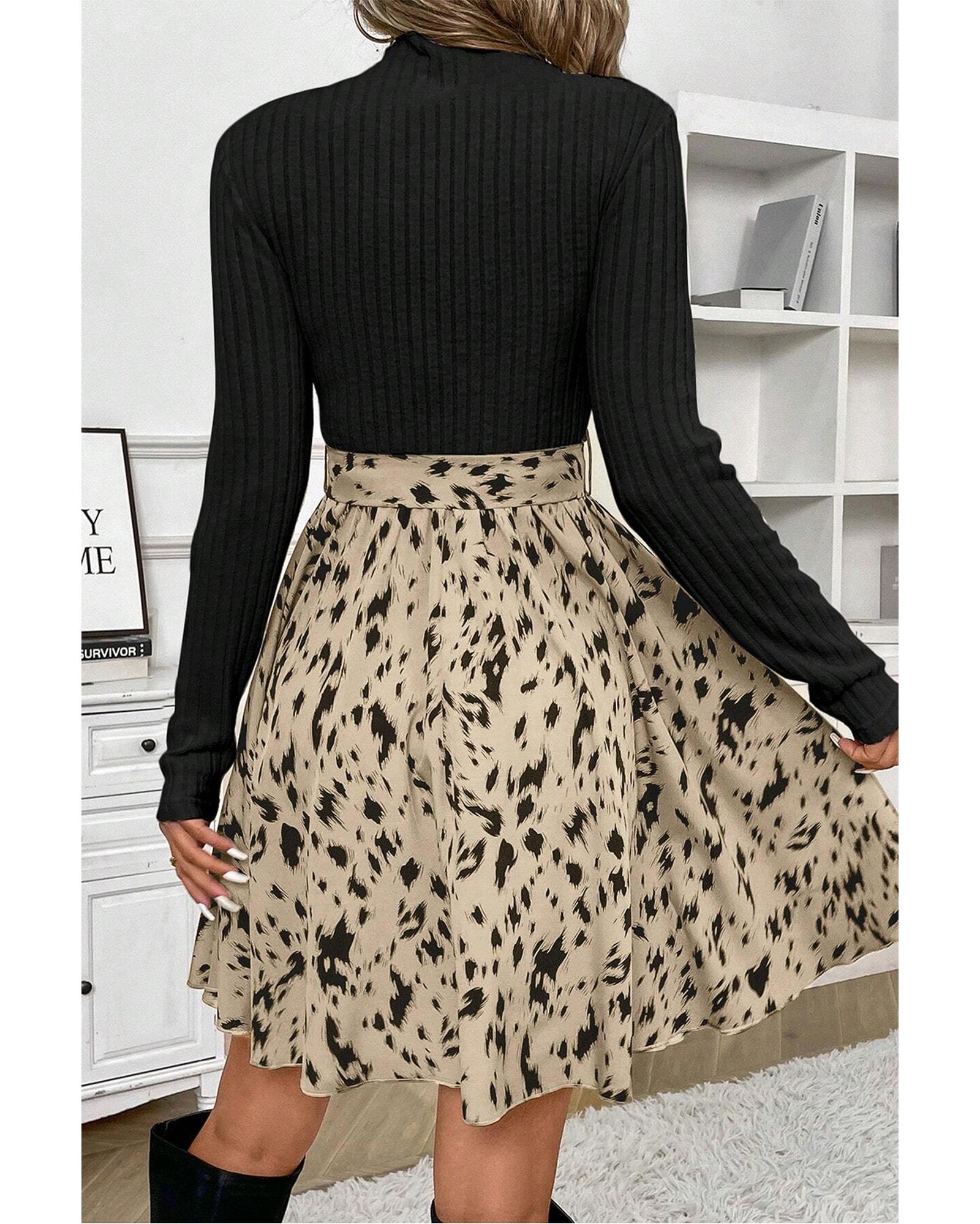 Black Ribbed Knit Patchwork Printed Belted A-line Dress - XL 4
