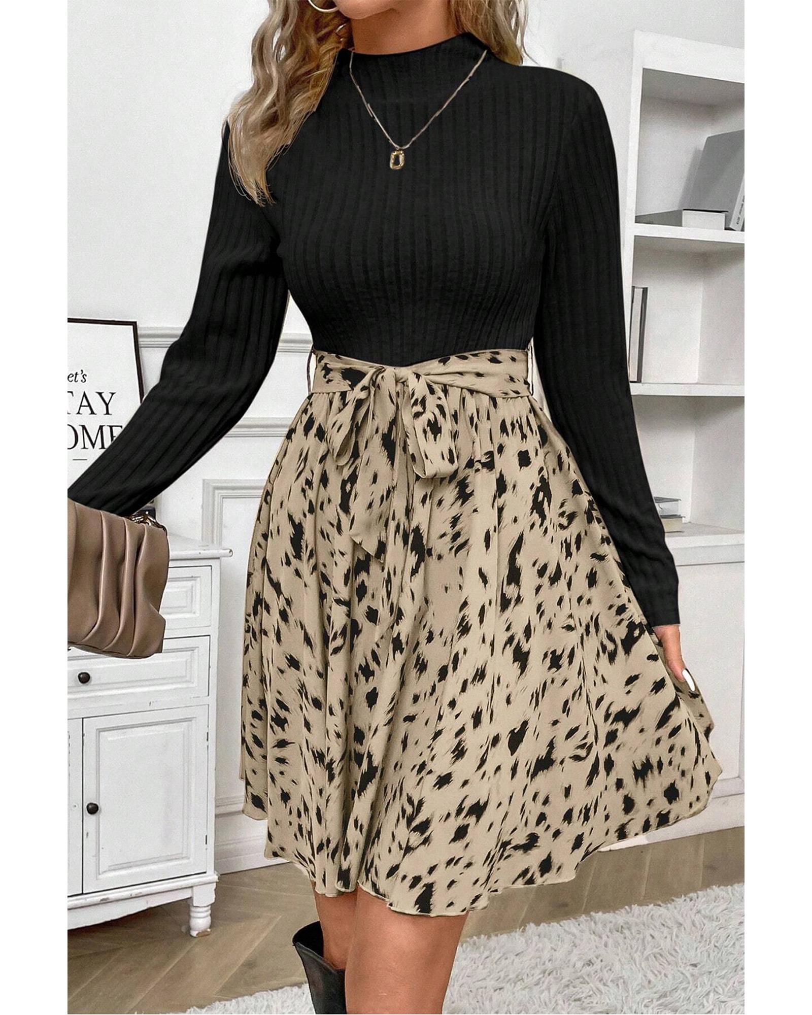 Black Ribbed Knit Patchwork Printed Belted A-line Dress - XL 5