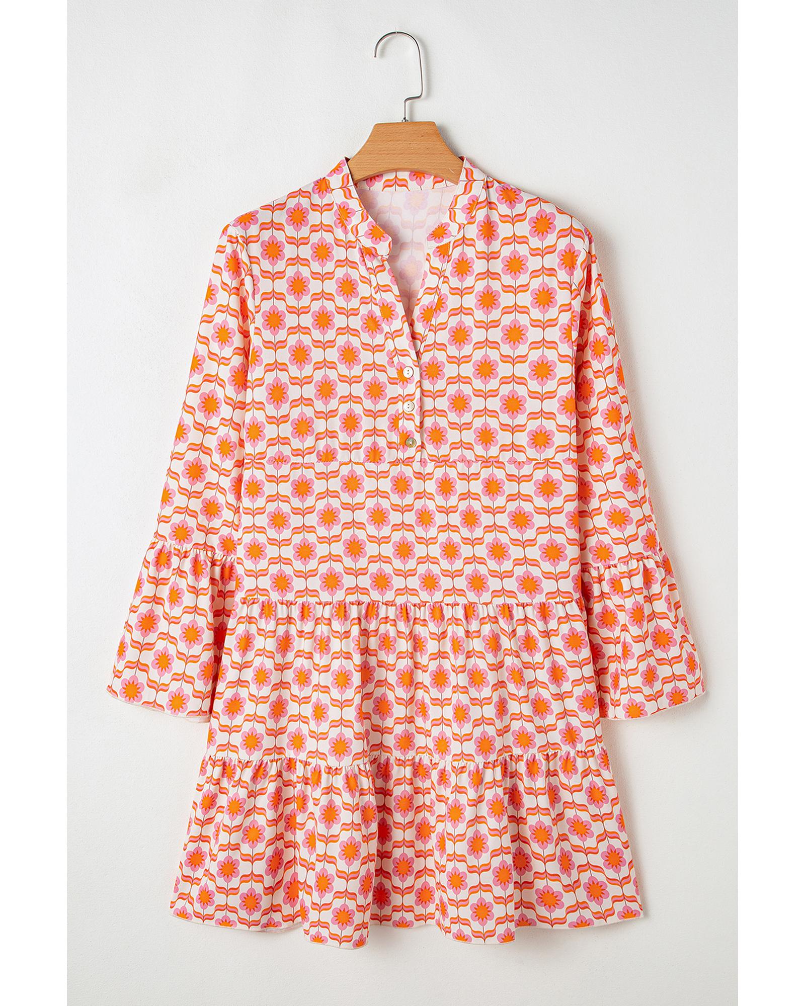 Orange Floral Print Flounce Sleeve Buttoned Front Mini Dress - L