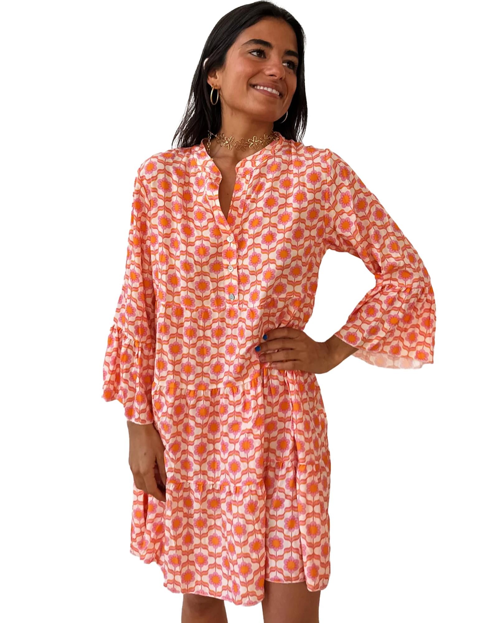 Orange Floral Print Flounce Sleeve Buttoned Front Mini Dress - L 8