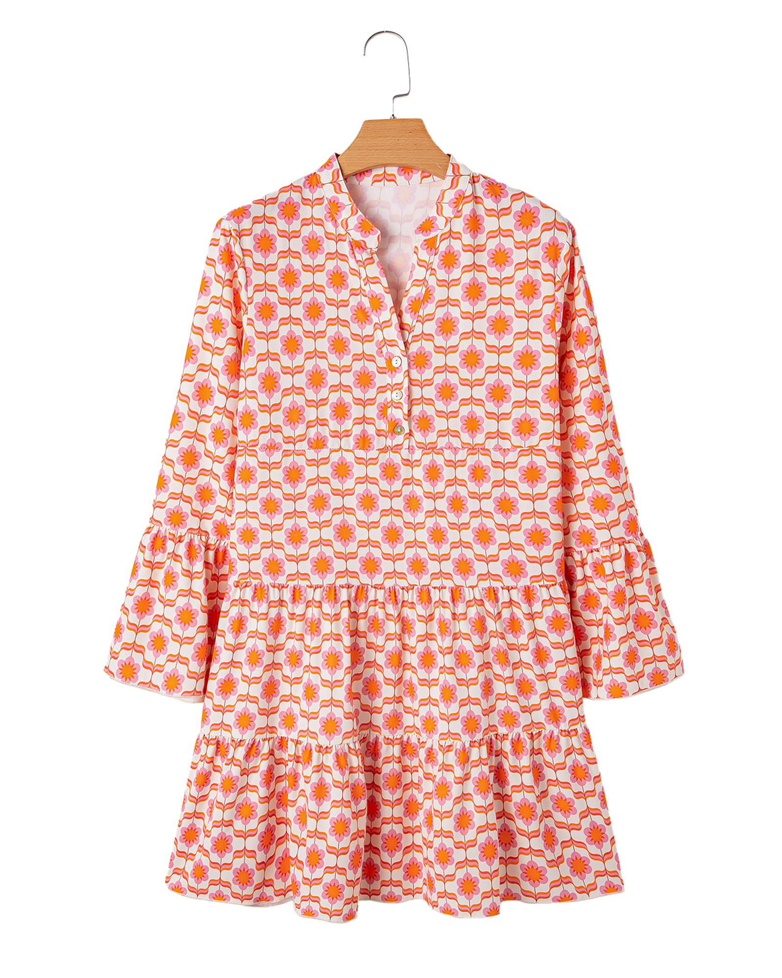 Orange Floral Print Flounce Sleeve Buttoned Front Mini Dress - M 5
