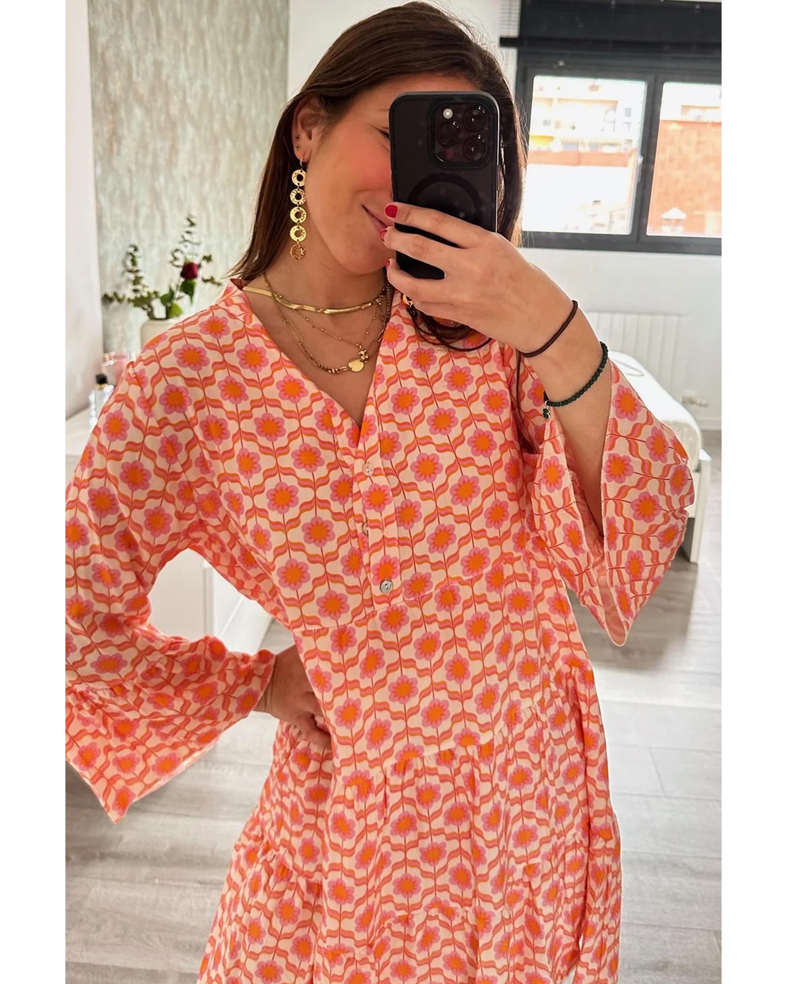 Orange Floral Print Flounce Sleeve Buttoned Front Mini Dress - S 4