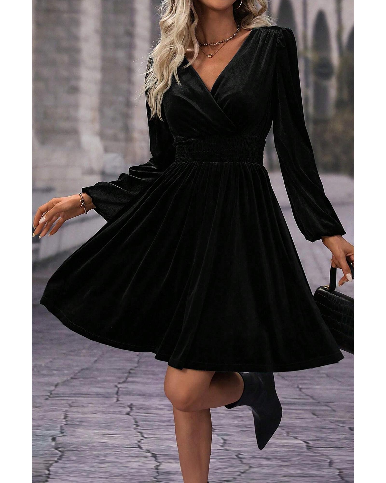 Black Velvet Long Sleeve Surplice High Waist Mini Dress - L 5