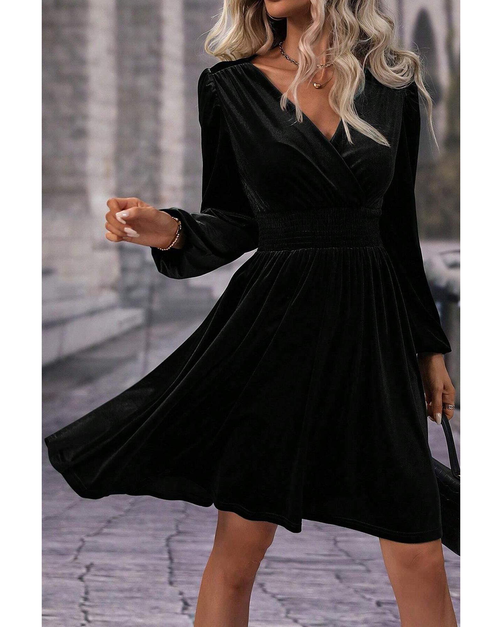 Black Velvet Long Sleeve Surplice High Waist Mini Dress - L 7