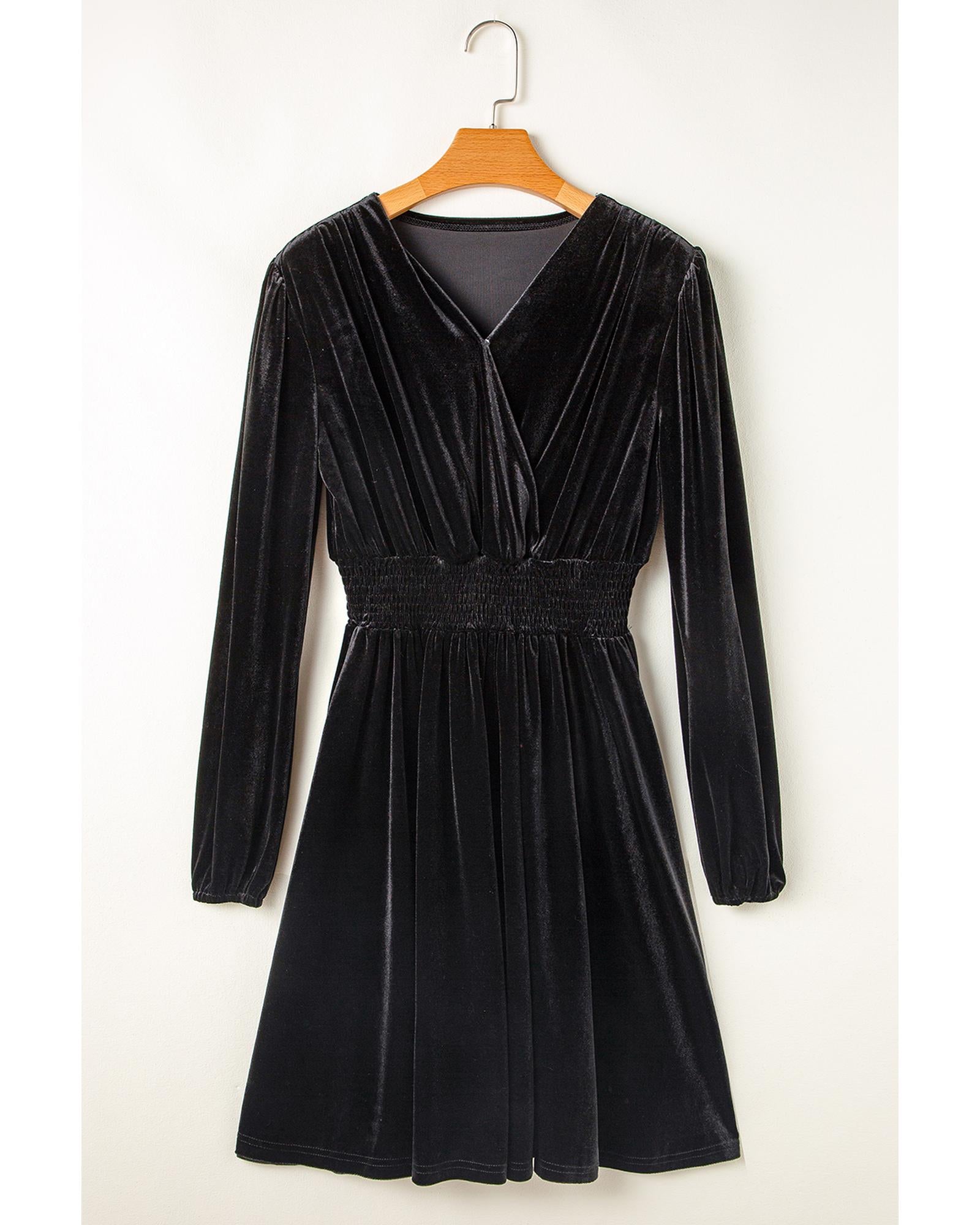 Black Velvet Long Sleeve Surplice High Waist Mini Dress - M 3