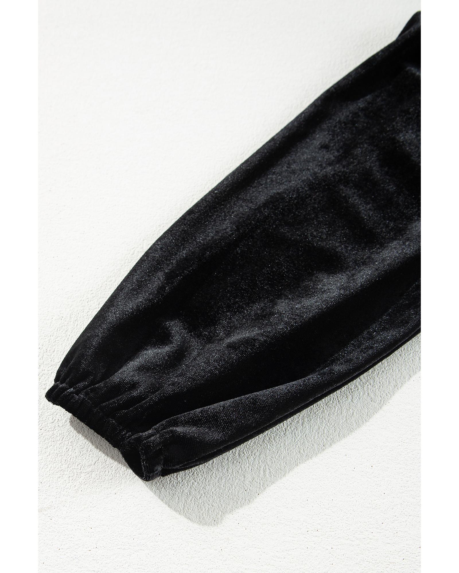 Black Velvet Long Sleeve Surplice High Waist Mini Dress - S