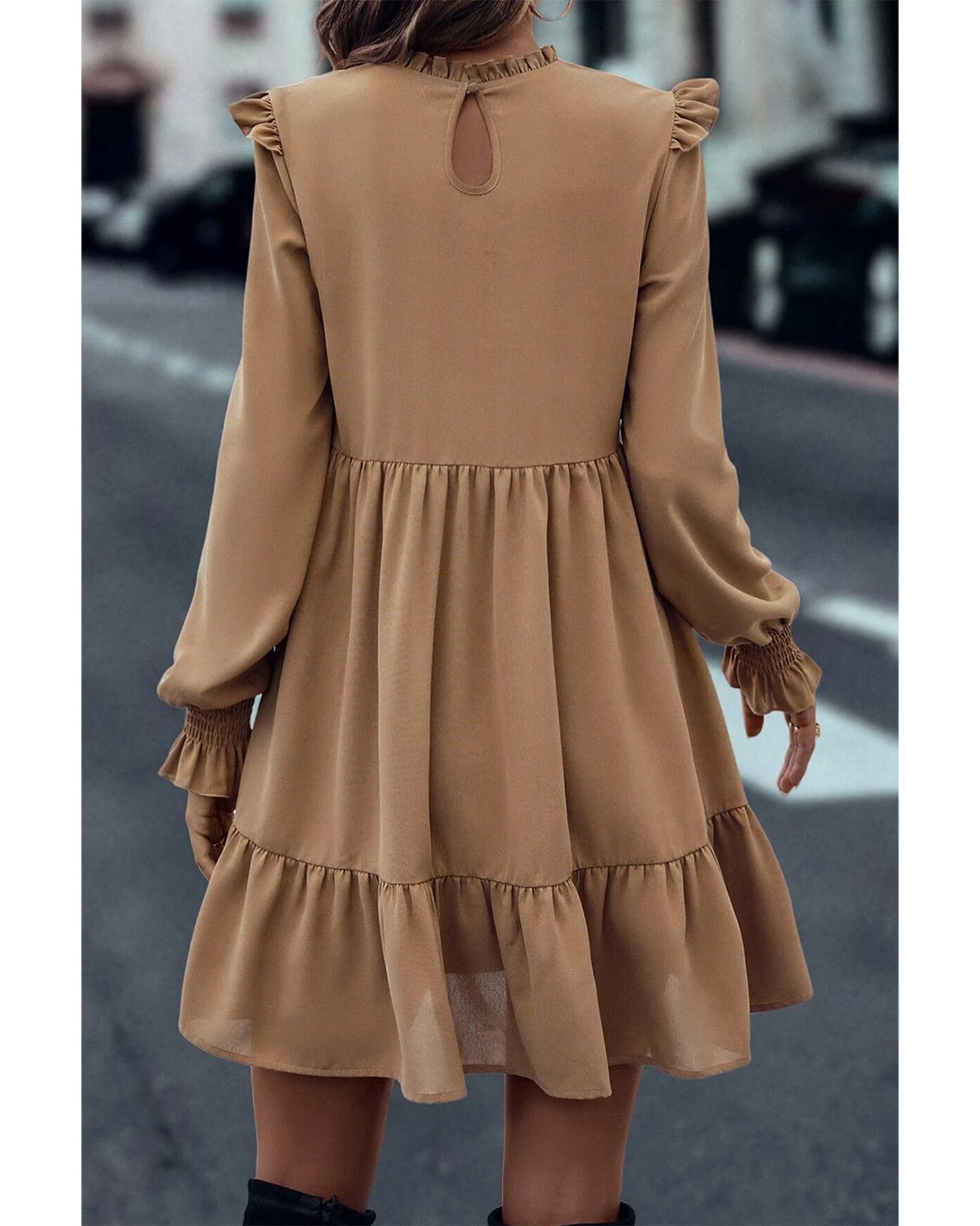 Light French Beige Frilled Collar Ruffled Shoulder Tiered Dress - M 6
