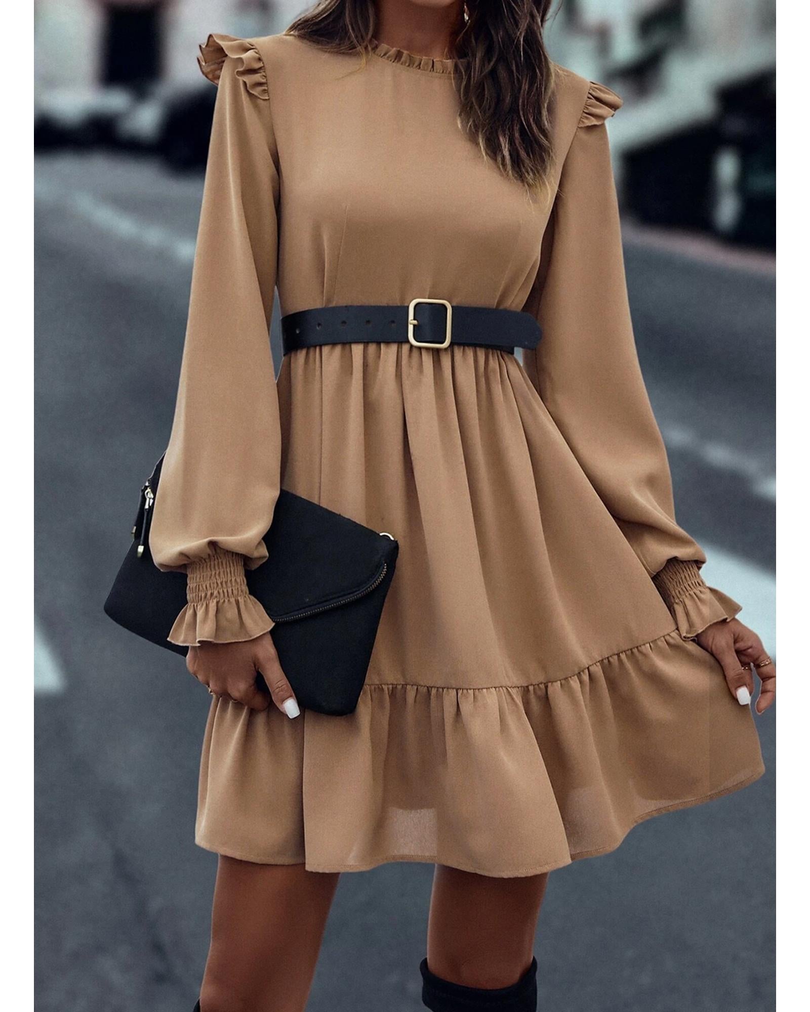 Light French Beige Frilled Collar Ruffled Shoulder Tiered Dress - XL 4