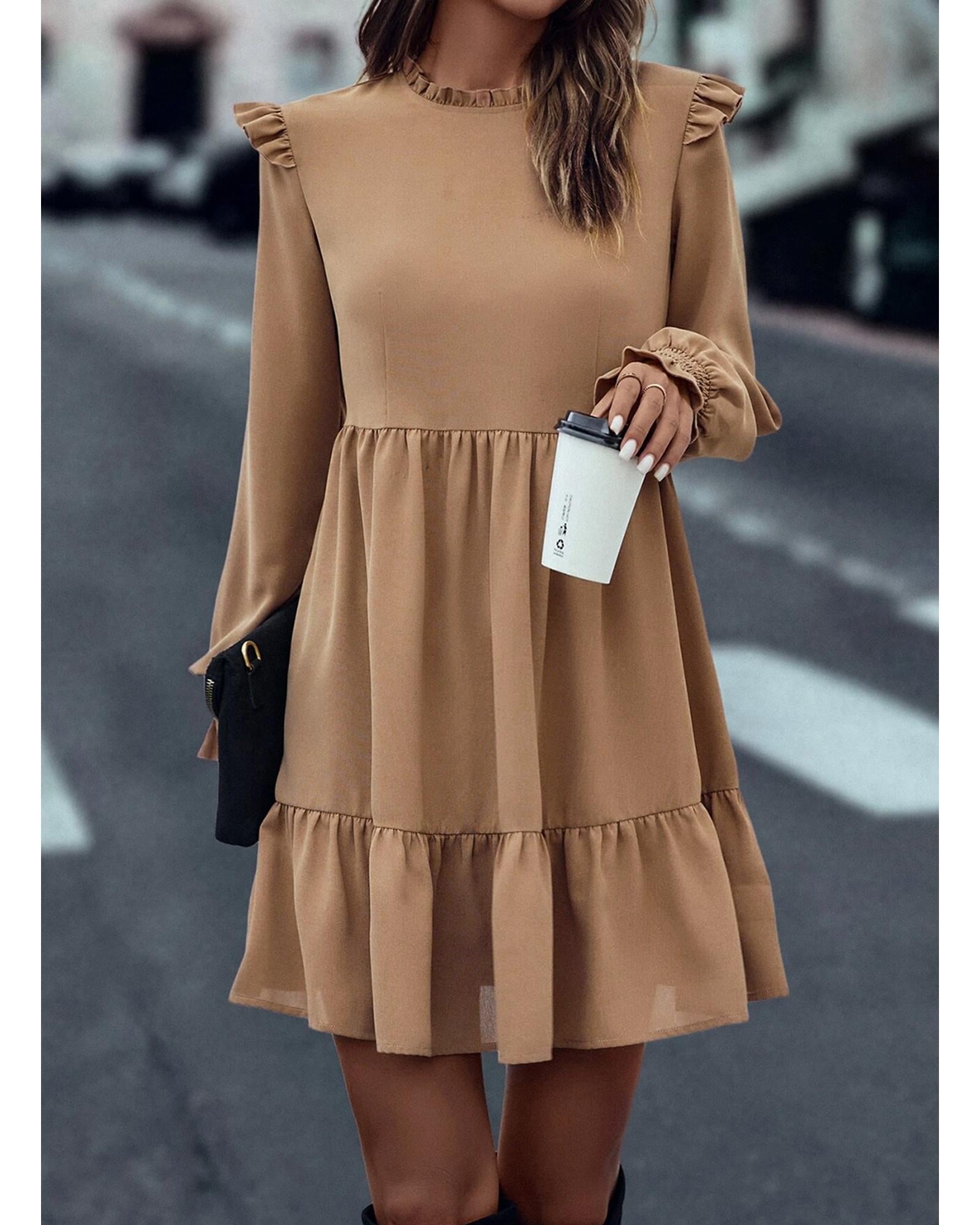 Light French Beige Frilled Collar Ruffled Shoulder Tiered Dress - XL 8