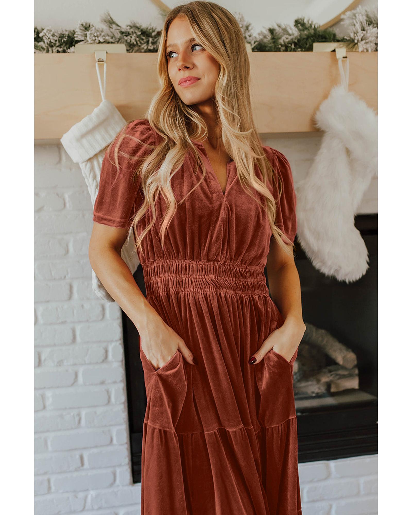 Chestnut Velvet Short Sleeve Shirred Waist Tiered Maxi Dress - L 3