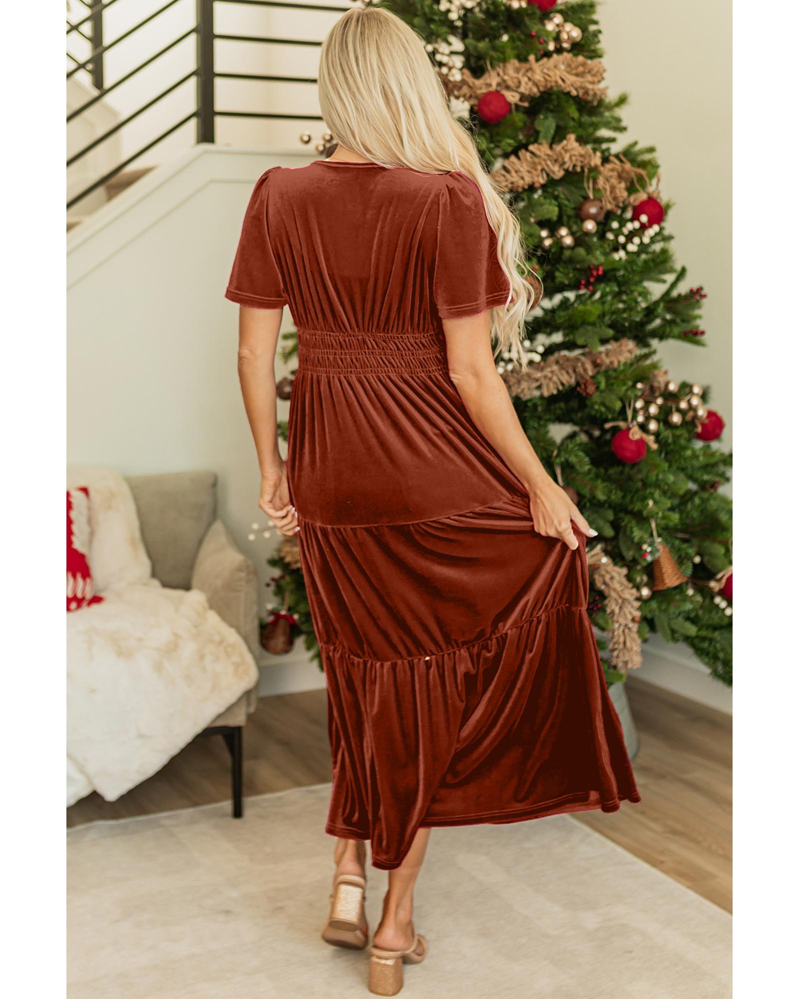 Chestnut Velvet Short Sleeve Shirred Waist Tiered Maxi Dress - L 6