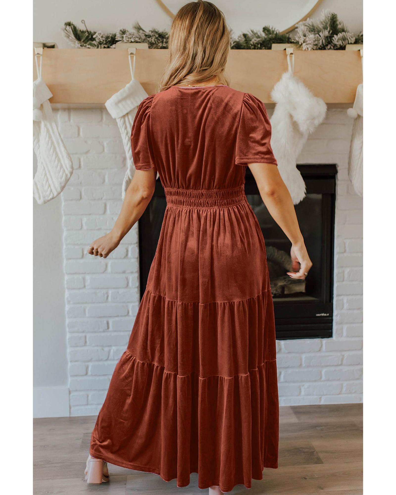 Chestnut Velvet Short Sleeve Shirred Waist Tiered Maxi Dress - S