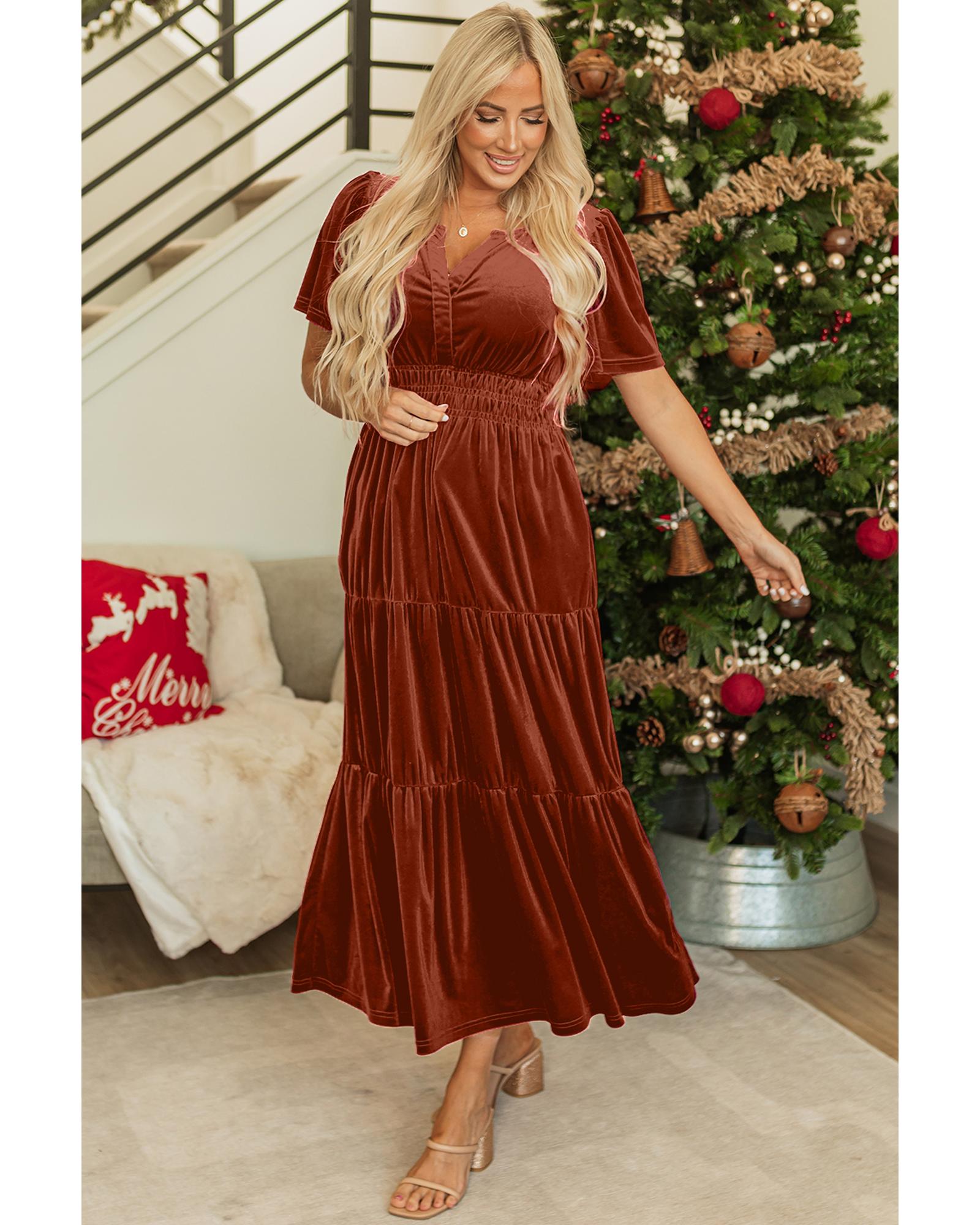 Chestnut Velvet Short Sleeve Shirred Waist Tiered Maxi Dress - S 3