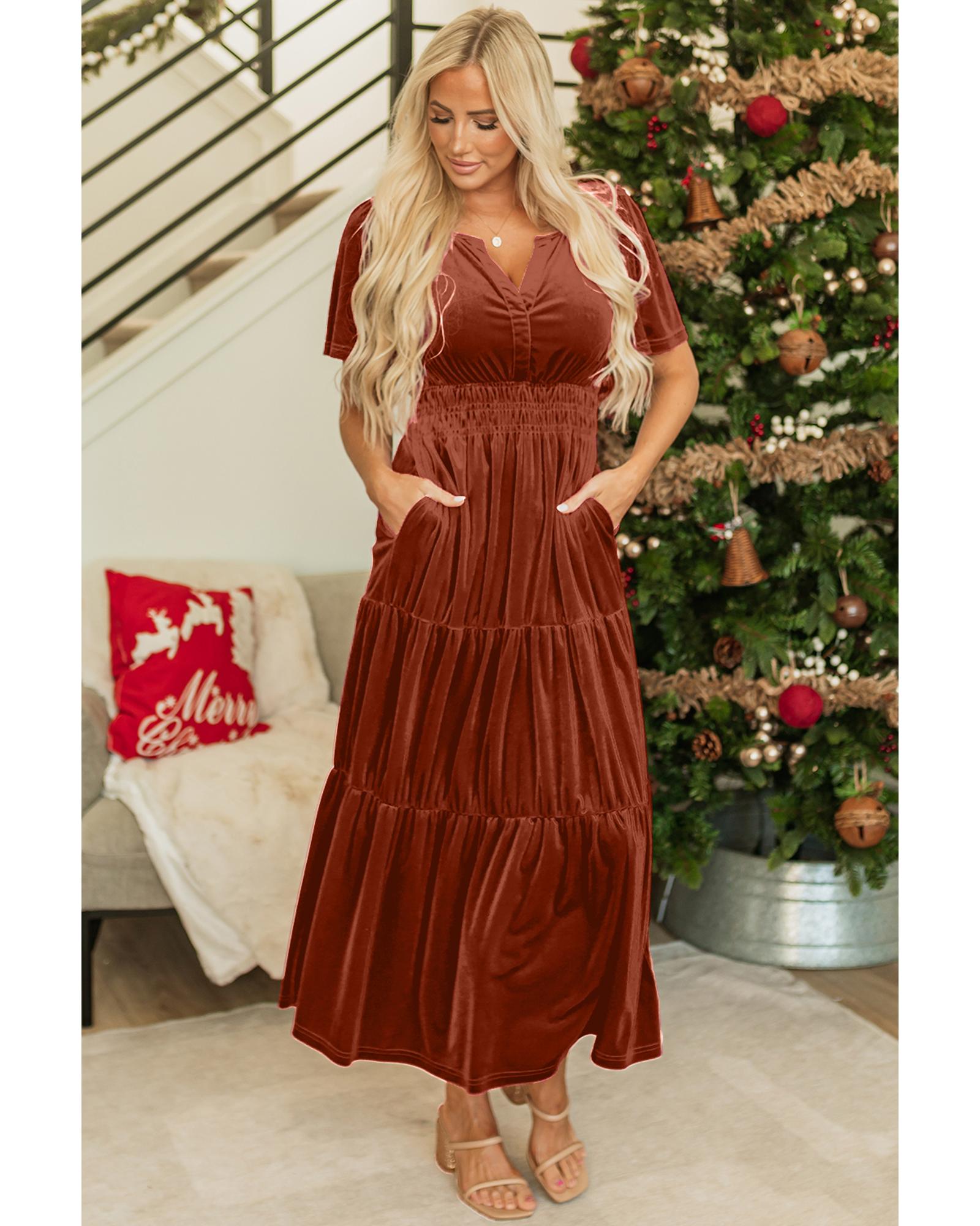 Chestnut Velvet Short Sleeve Shirred Waist Tiered Maxi Dress - XL 7