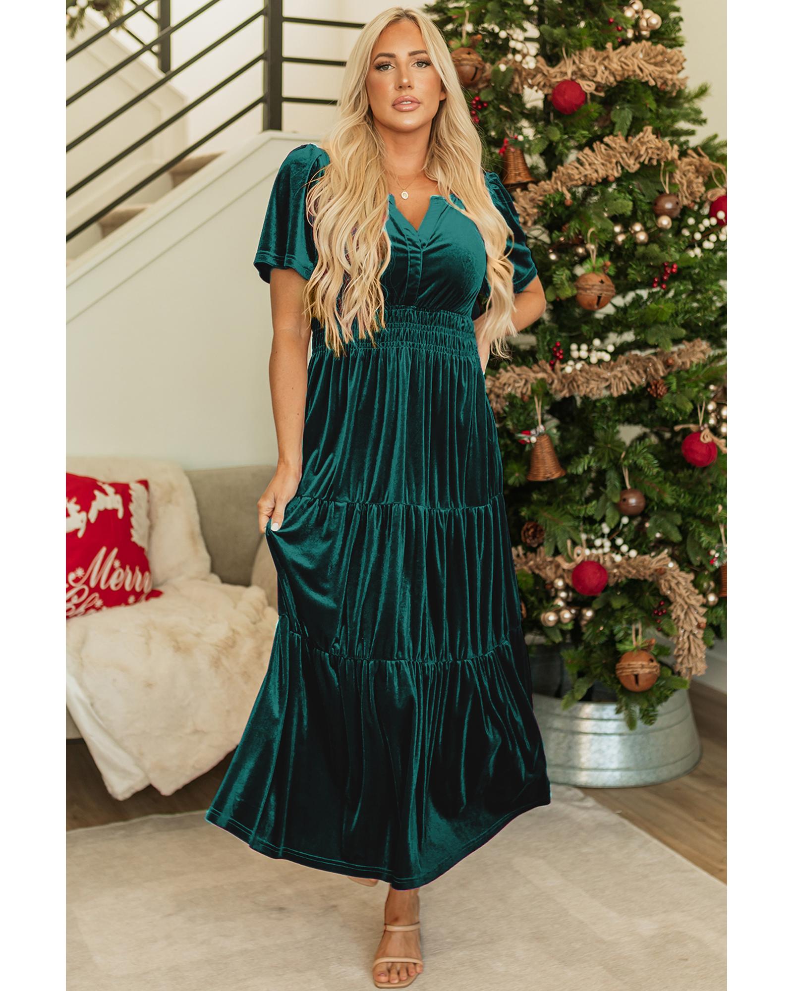 Evergreen Velvet Short Sleeve Shirred Waist Tiered Maxi Dress - M 6