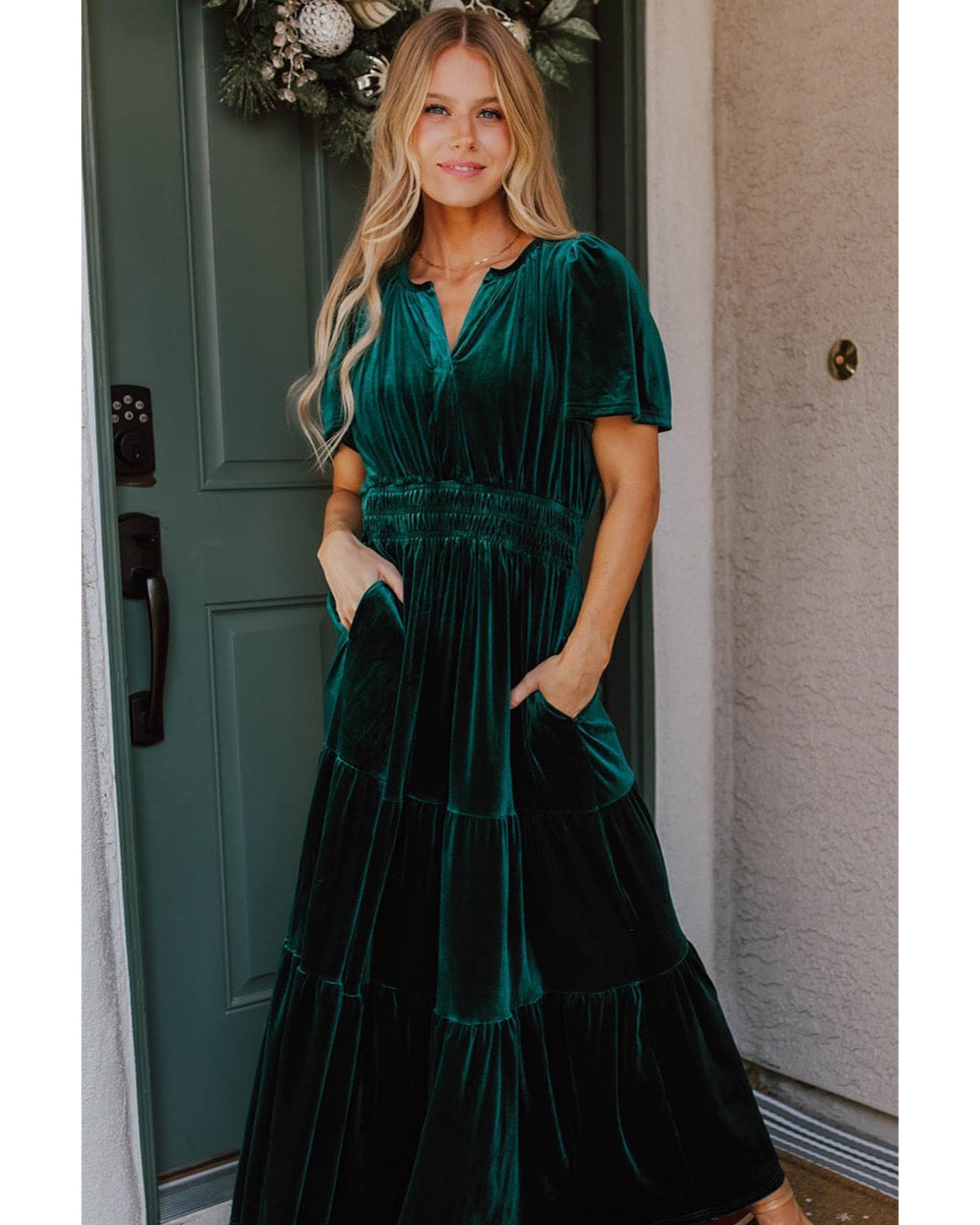 Evergreen Velvet Short Sleeve Shirred Waist Tiered Maxi Dress - S 3
