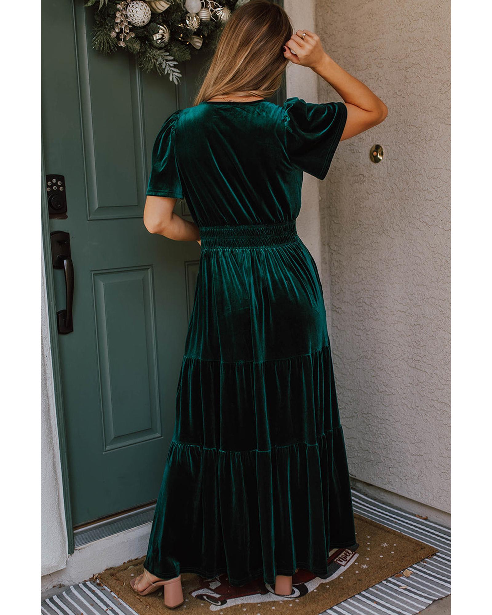 Evergreen Velvet Short Sleeve Shirred Waist Tiered Maxi Dress - S 4
