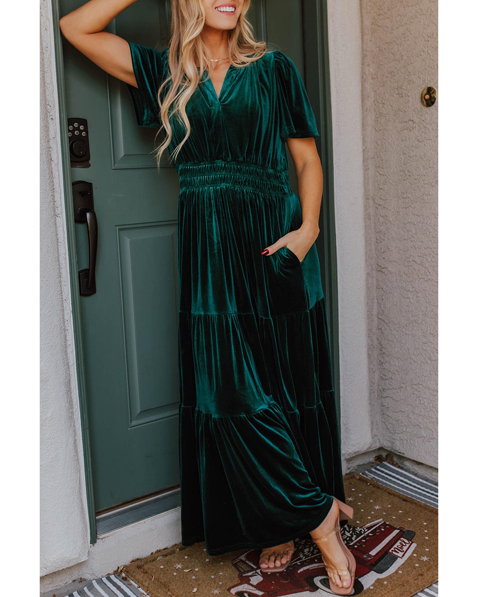 Evergreen Velvet Short Sleeve Shirred Waist Tiered Maxi Dress - S 6