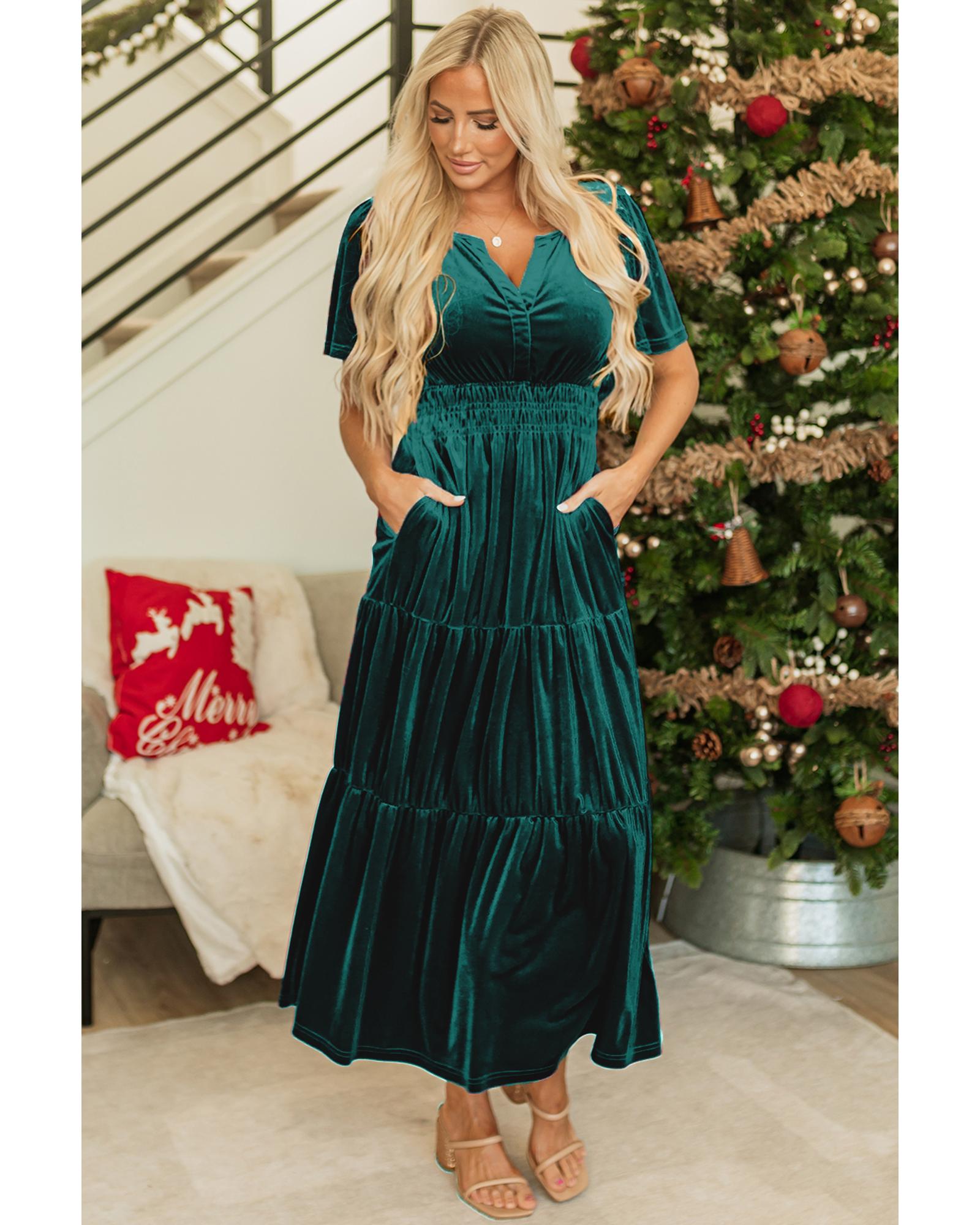 Evergreen Velvet Short Sleeve Shirred Waist Tiered Maxi Dress - S 8