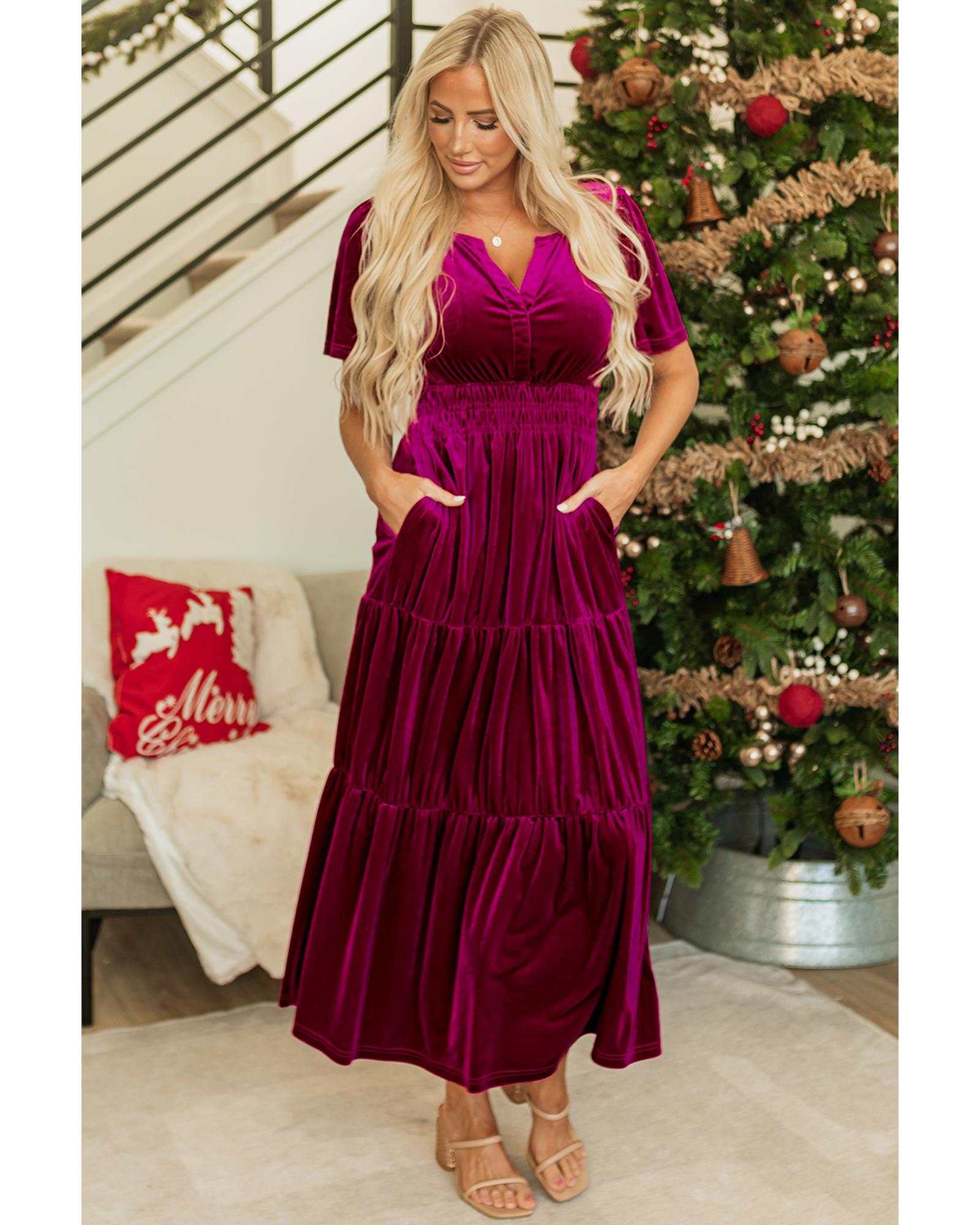 Red Dahlia Velvet Short Sleeve Shirred Waist Tiered Maxi Dress - L 4