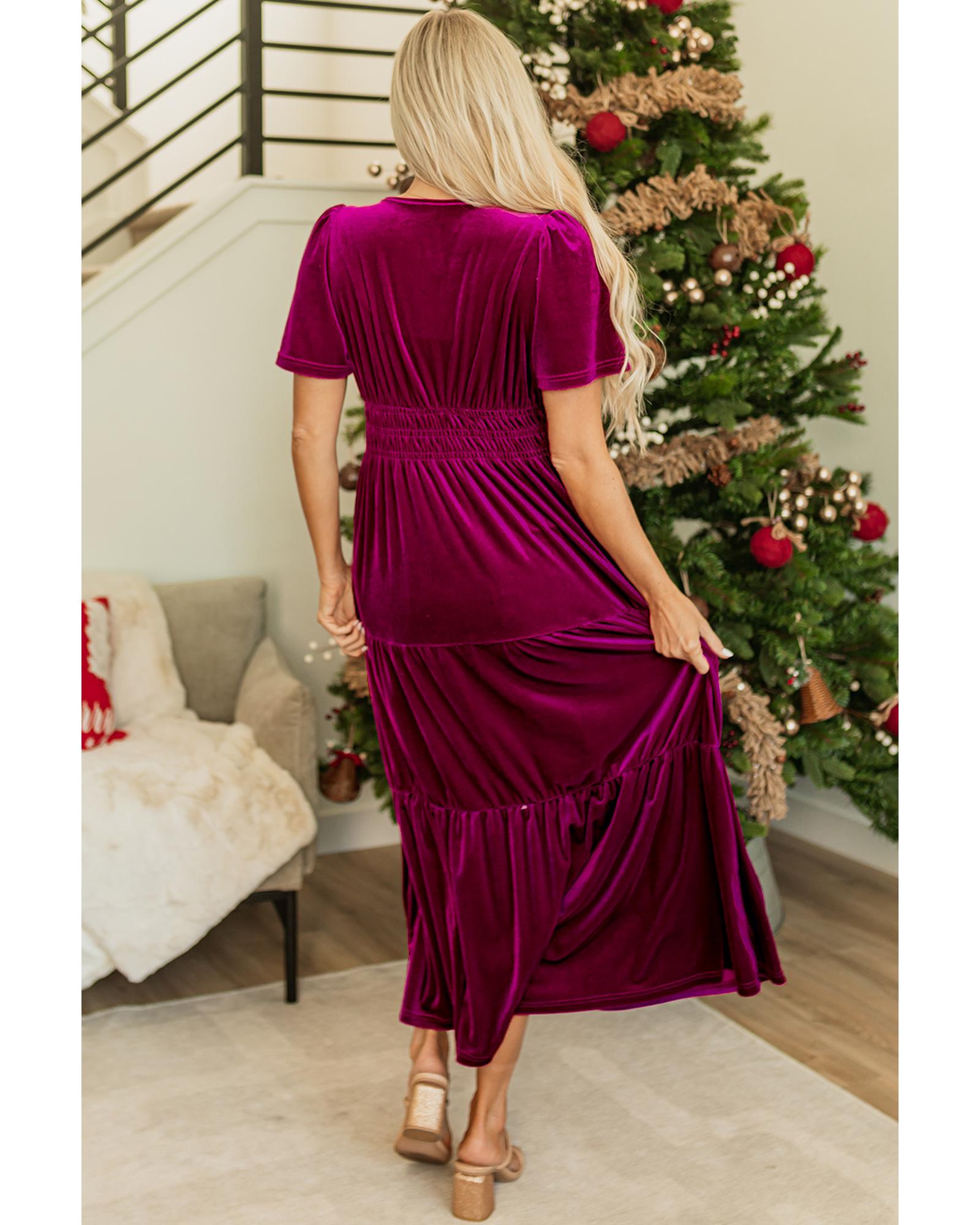Red Dahlia Velvet Short Sleeve Shirred Waist Tiered Maxi Dress - M