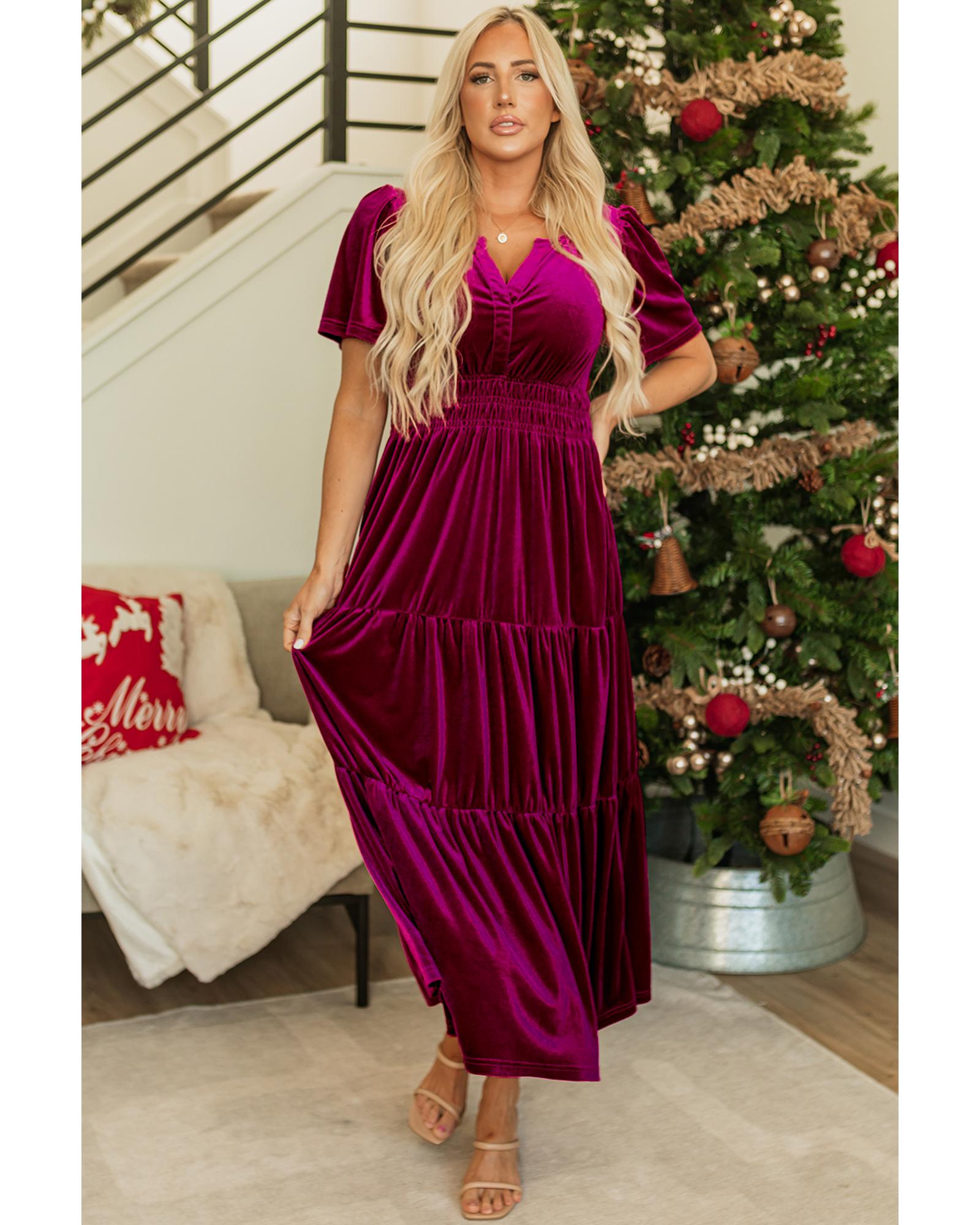 Red Dahlia Velvet Short Sleeve Shirred Waist Tiered Maxi Dress - M 3