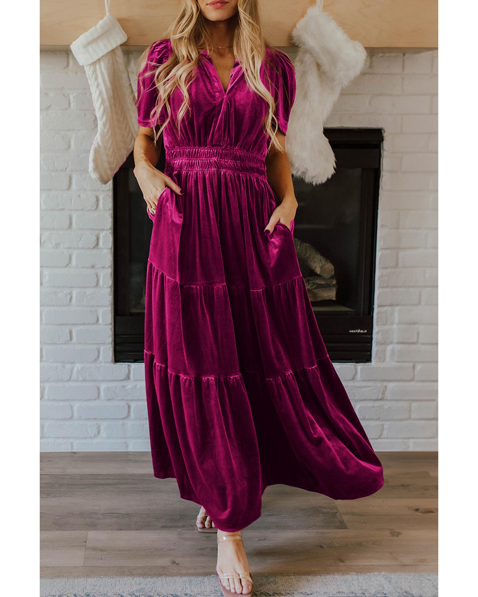 Red Dahlia Velvet Short Sleeve Shirred Waist Tiered Maxi Dress - M 7