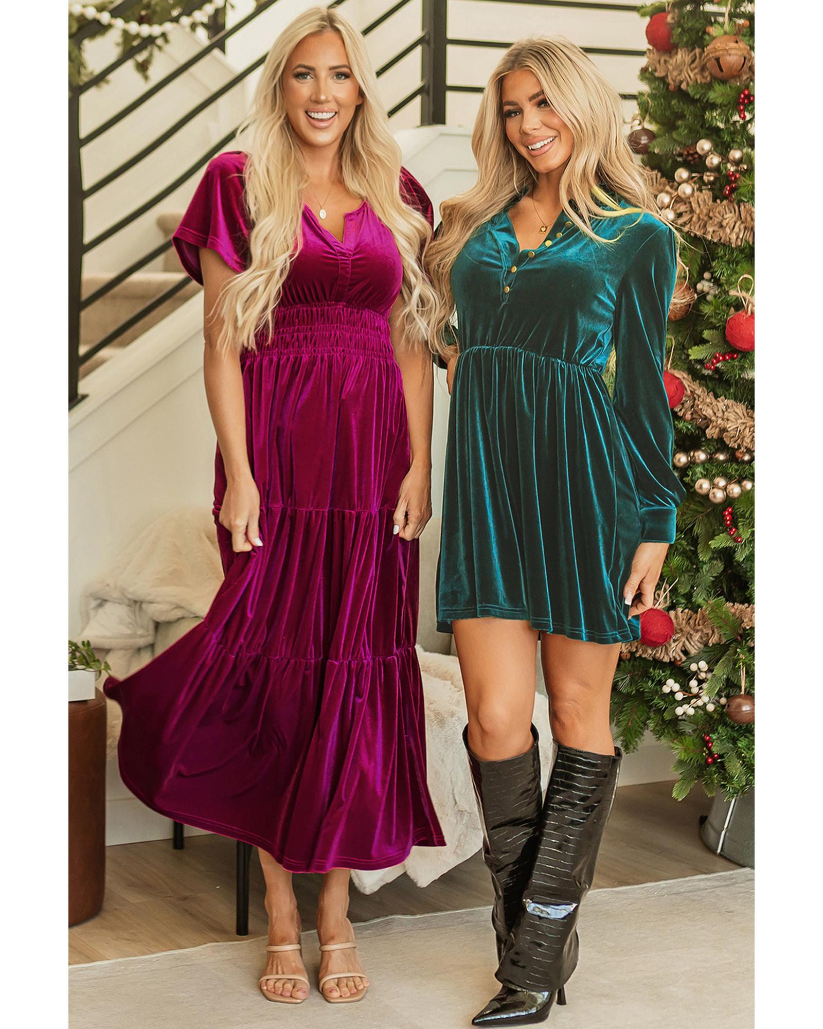 Red Dahlia Velvet Short Sleeve Shirred Waist Tiered Maxi Dress - S 6