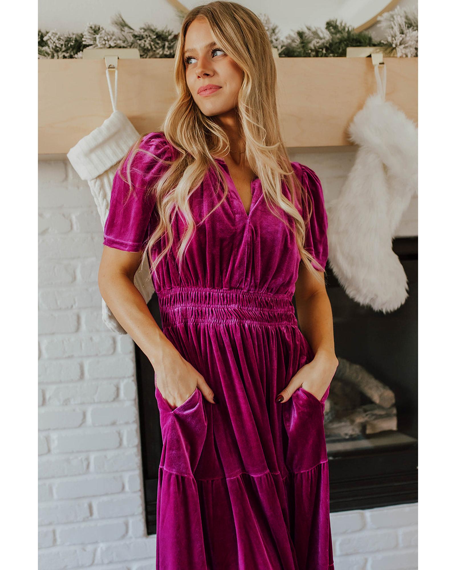 Red Dahlia Velvet Short Sleeve Shirred Waist Tiered Maxi Dress - XL 5