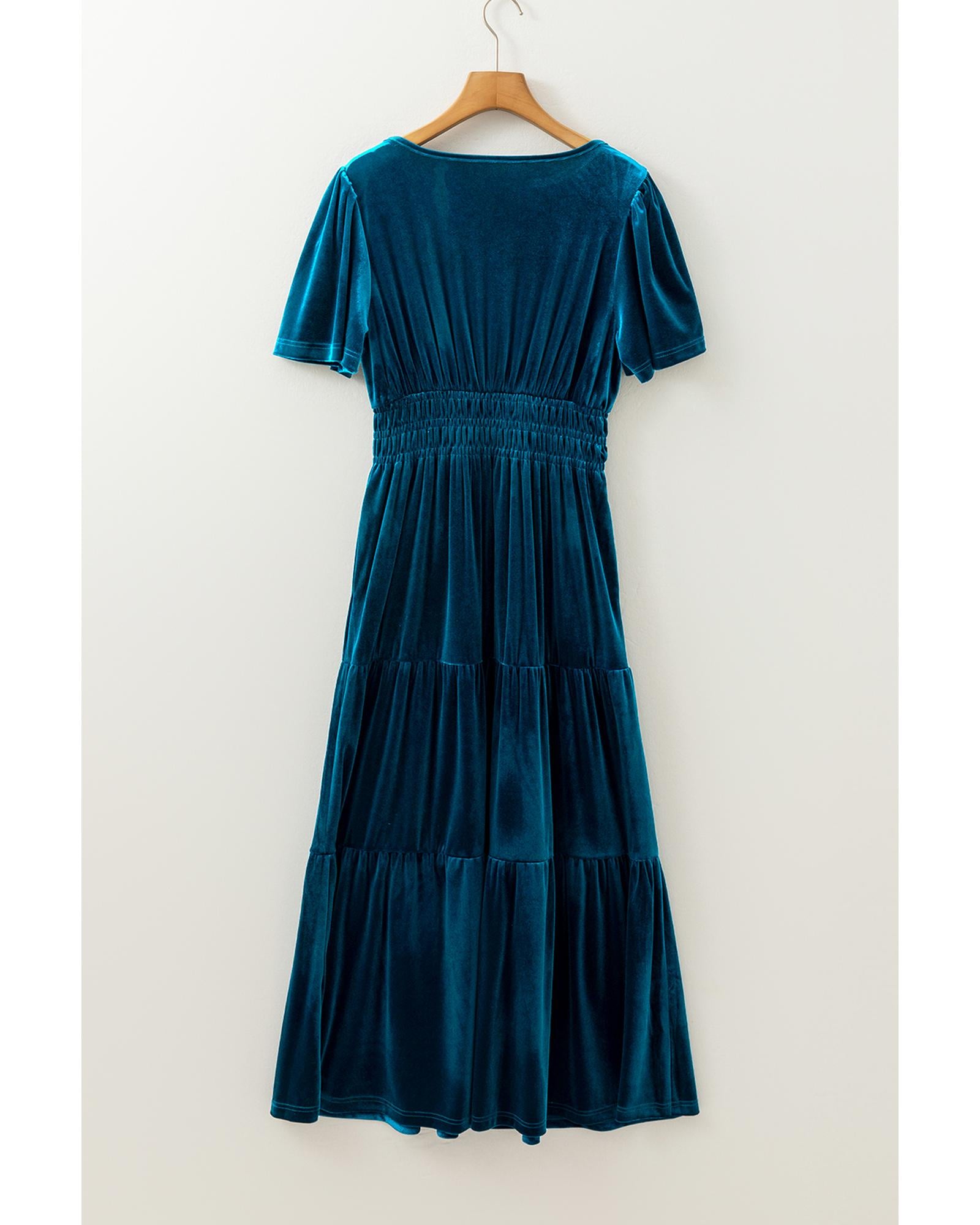 Prussian Blue Velvet Short Sleeve Shirred Waist Tiered Maxi Dress - M 3