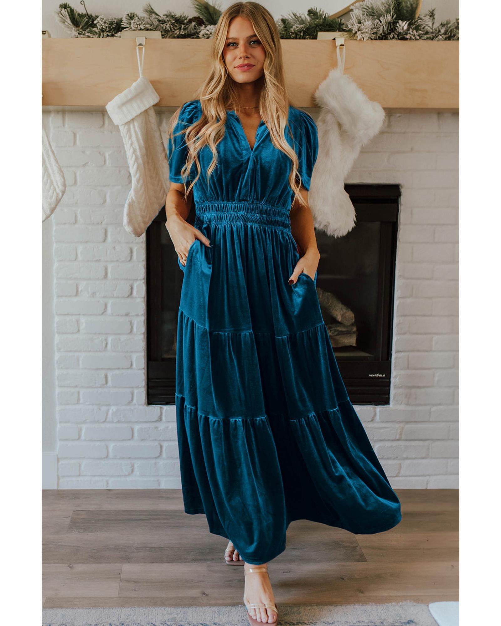 Prussian Blue Velvet Short Sleeve Shirred Waist Tiered Maxi Dress - M 5