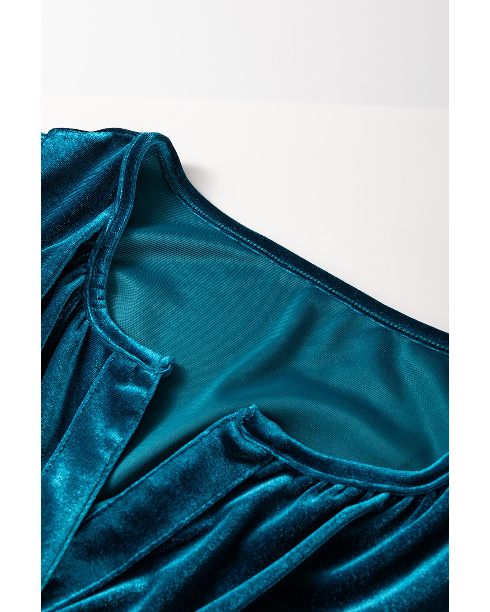 Prussian Blue Velvet Short Sleeve Shirred Waist Tiered Maxi Dress - M 7