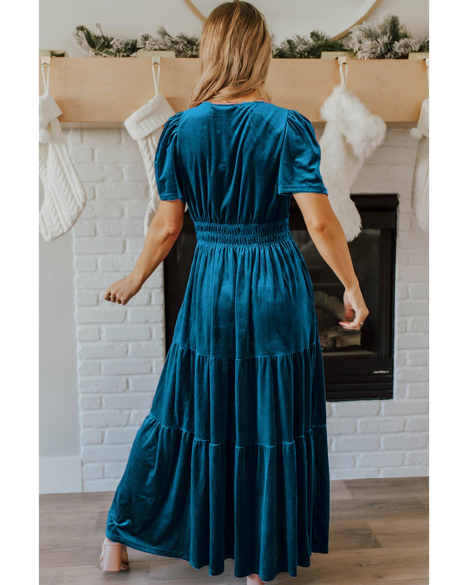 Prussian Blue Velvet Short Sleeve Shirred Waist Tiered Maxi Dress - S