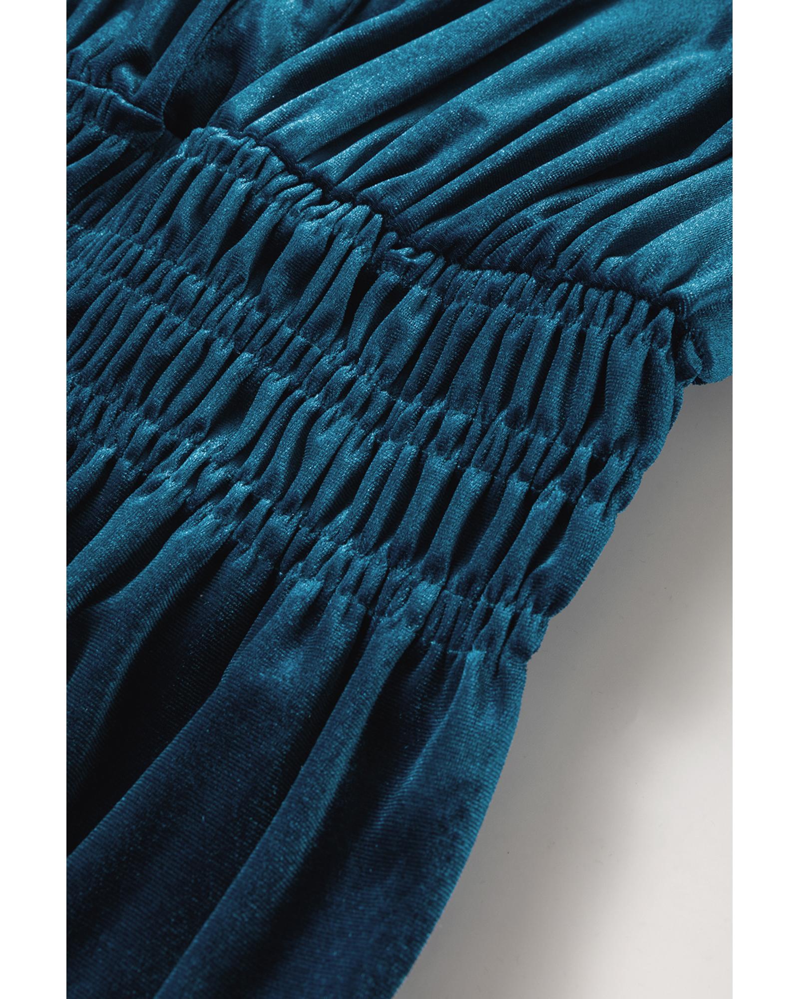 Prussian Blue Velvet Short Sleeve Shirred Waist Tiered Maxi Dress - XL 4