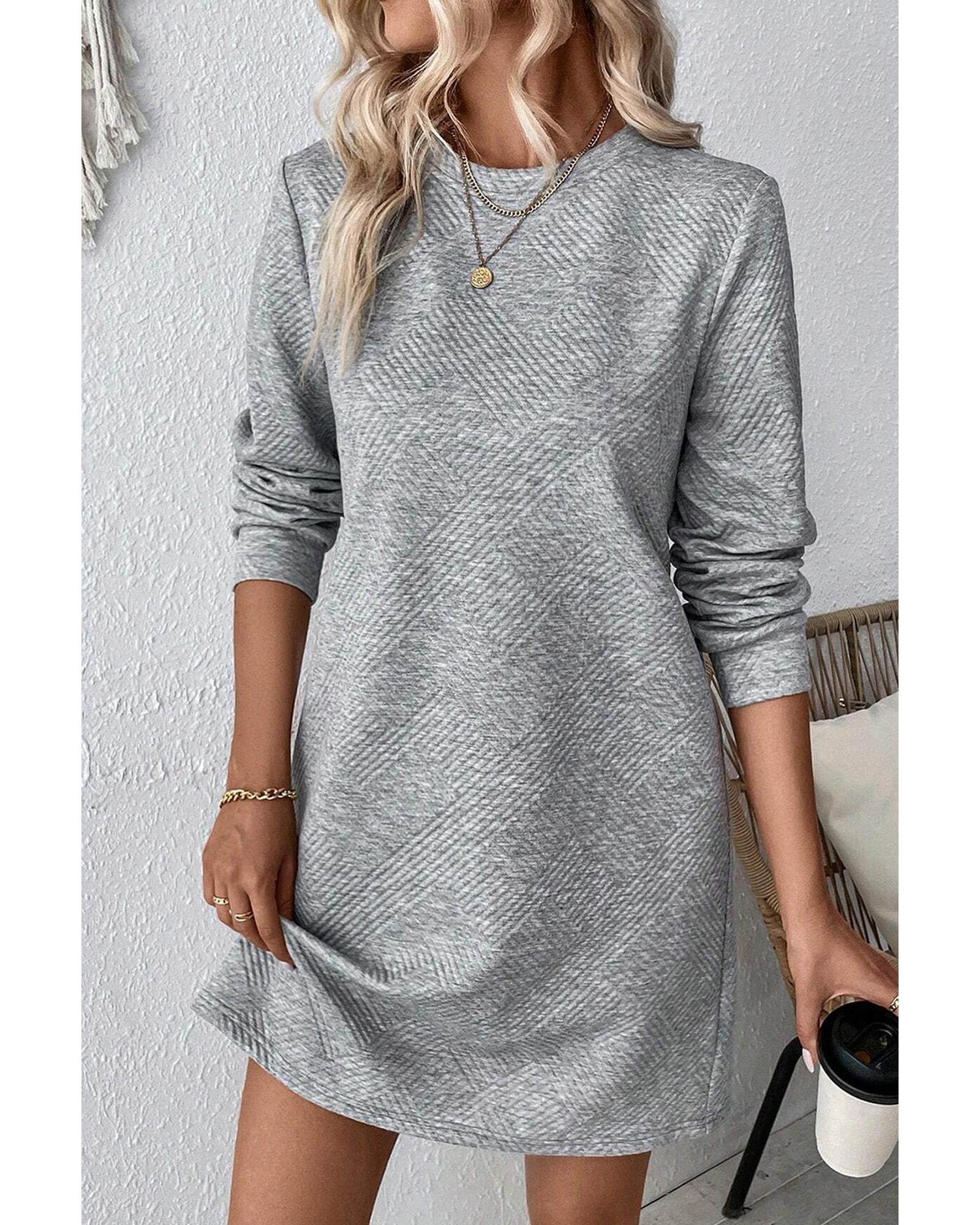 Gray Solid Color Textured Long Sleeve Shift Dress - M