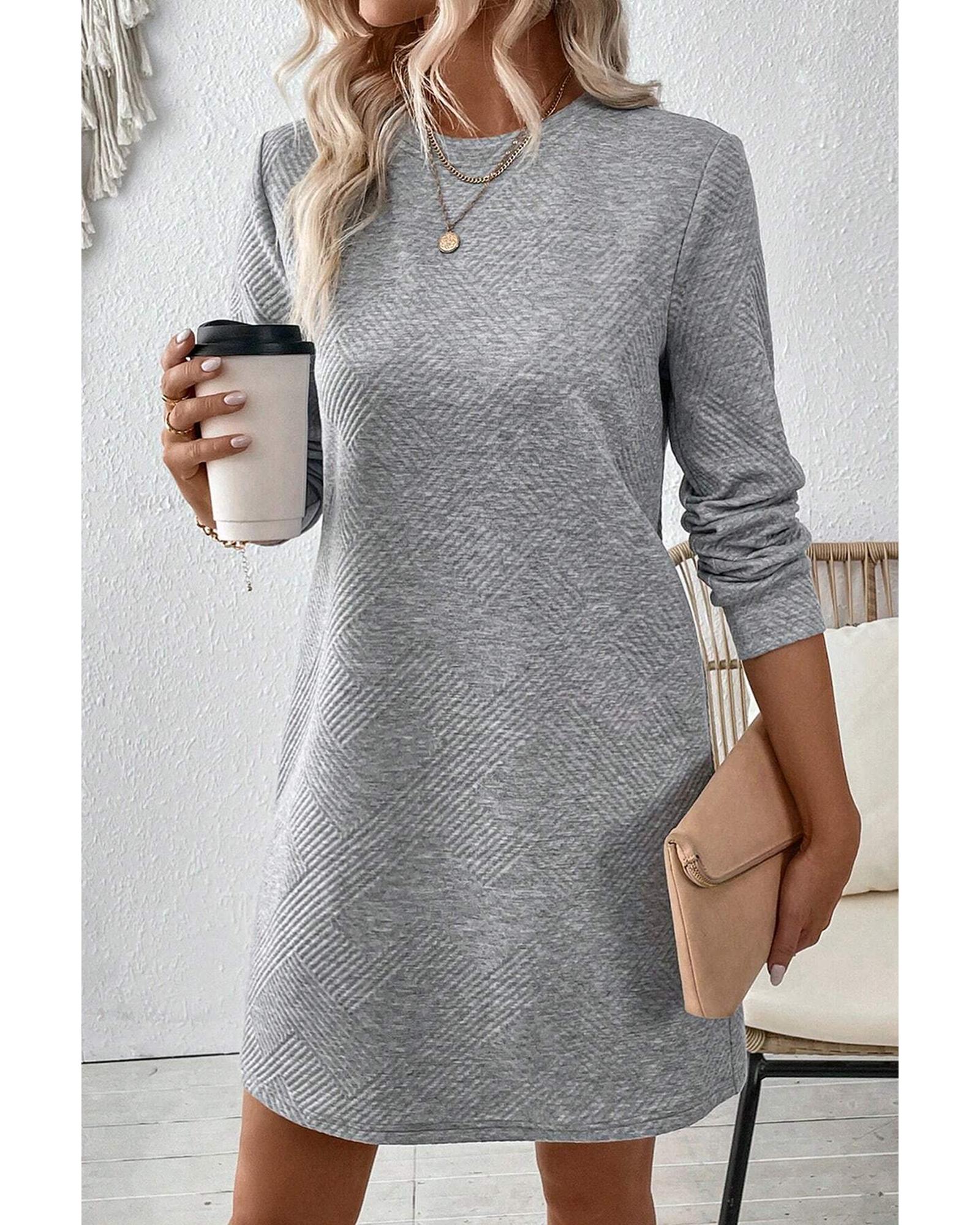 Gray Solid Color Textured Long Sleeve Shift Dress - M 5