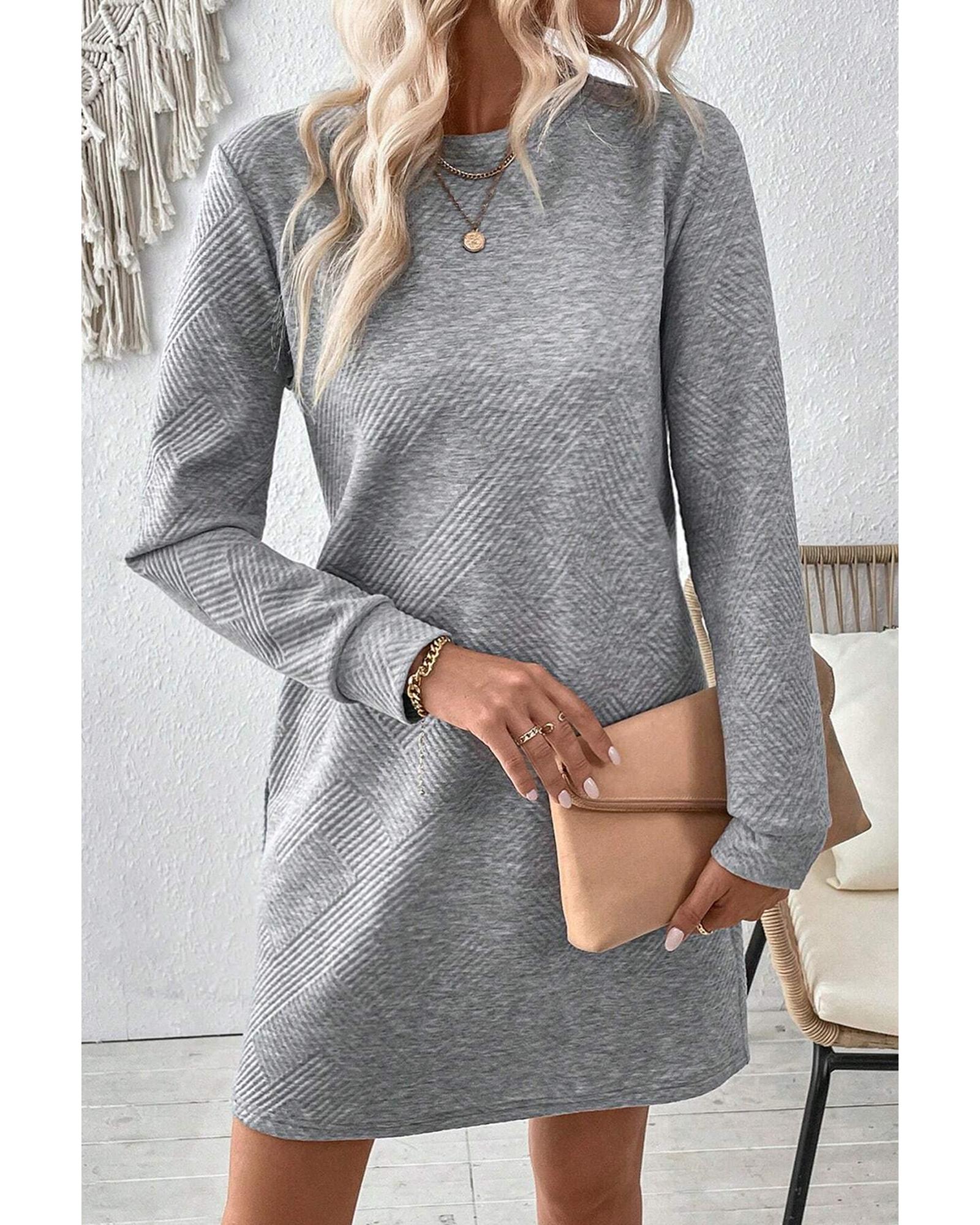 Gray Solid Color Textured Long Sleeve Shift Dress - M 7