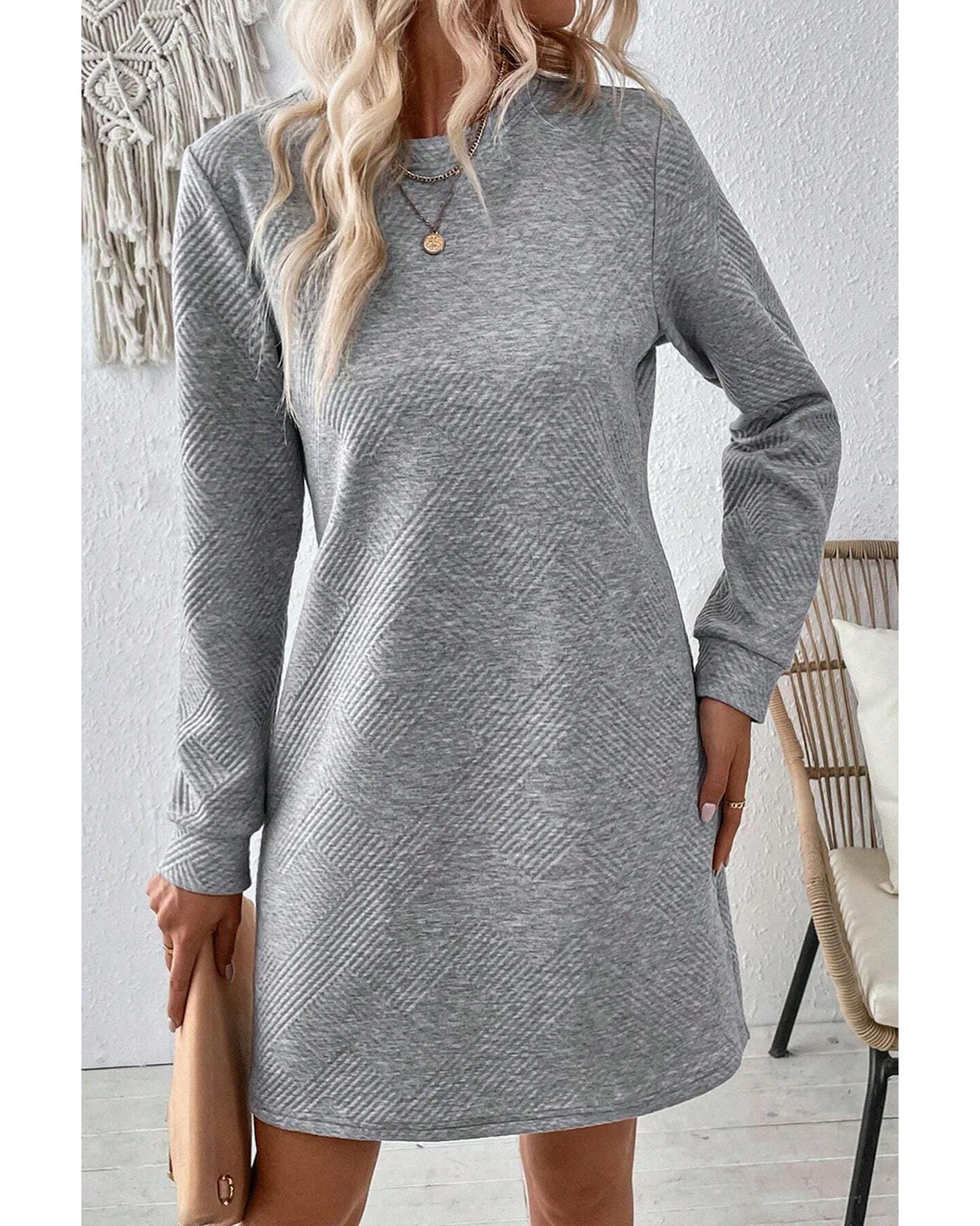 Gray Solid Color Textured Long Sleeve Shift Dress - XL 6