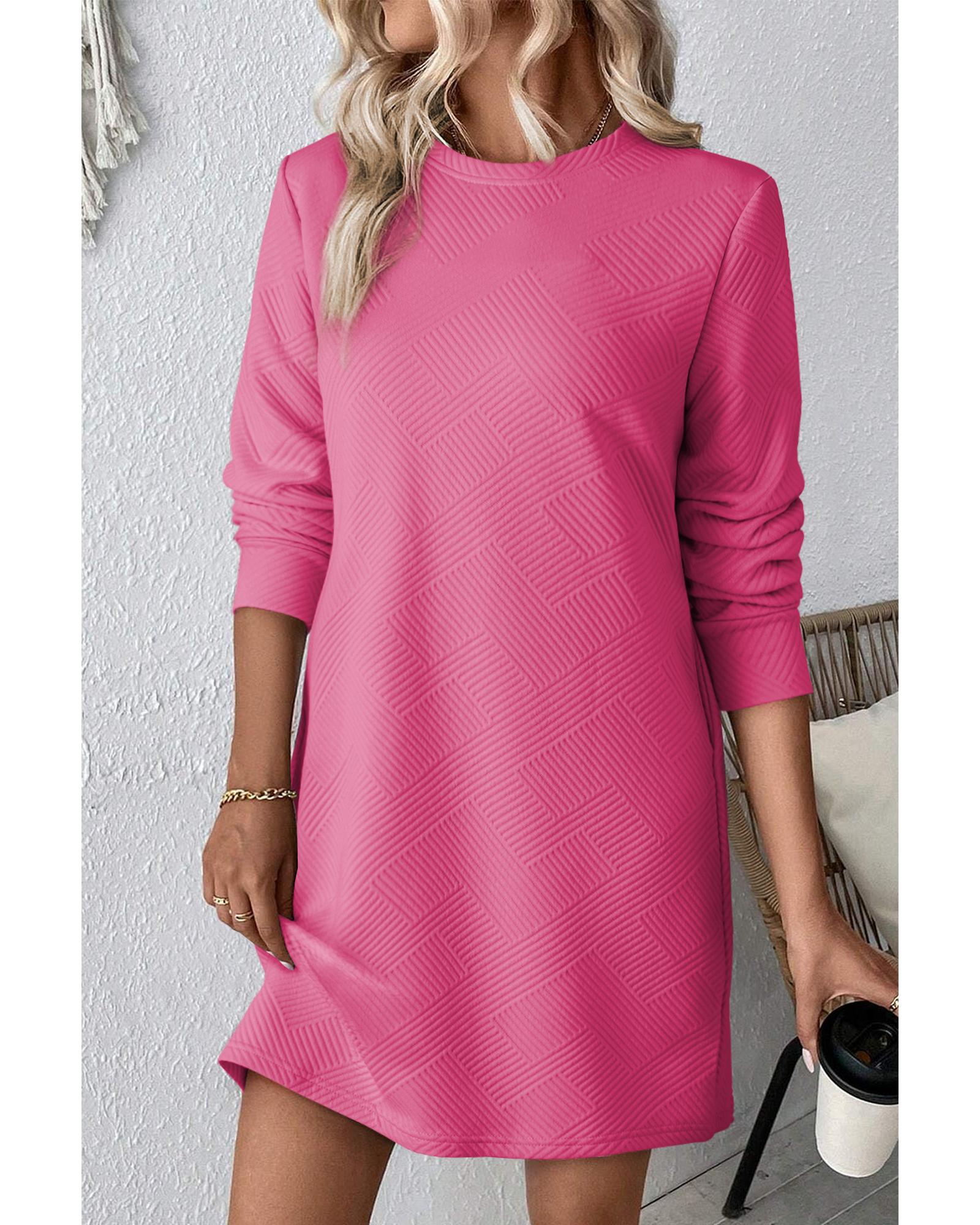 Rose Red Solid Color Textured Long Sleeve Shift Dress - L